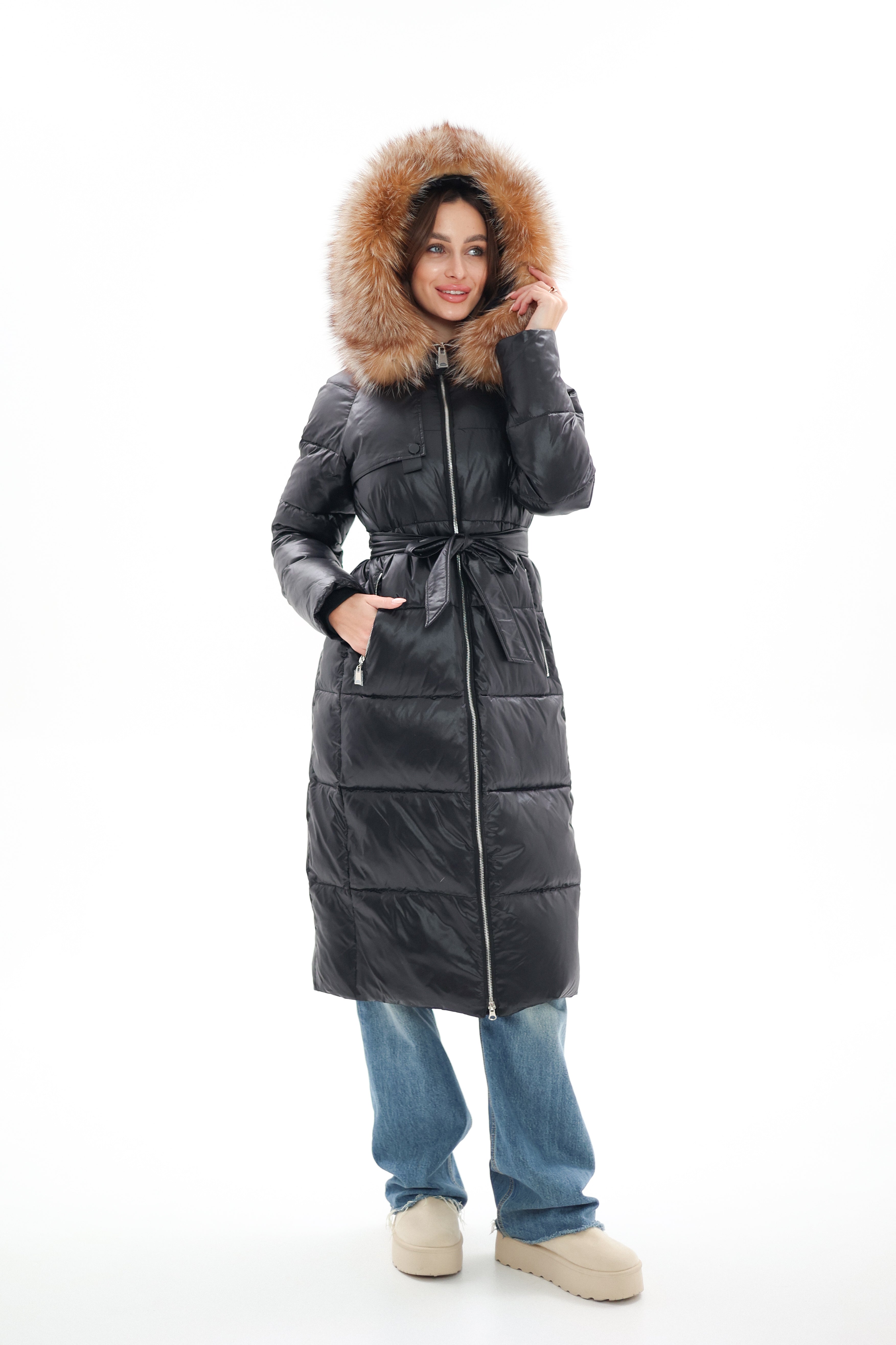 Genuine Silver Fox Fur Alternative Down Fill Coat