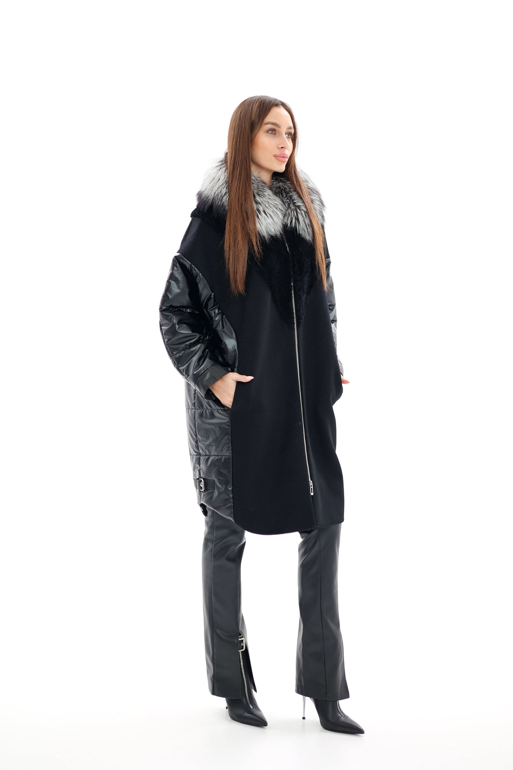 Genuine Silver Fox Fur Italian Cashmere Wool Freudenberg Comfortemp® Coat