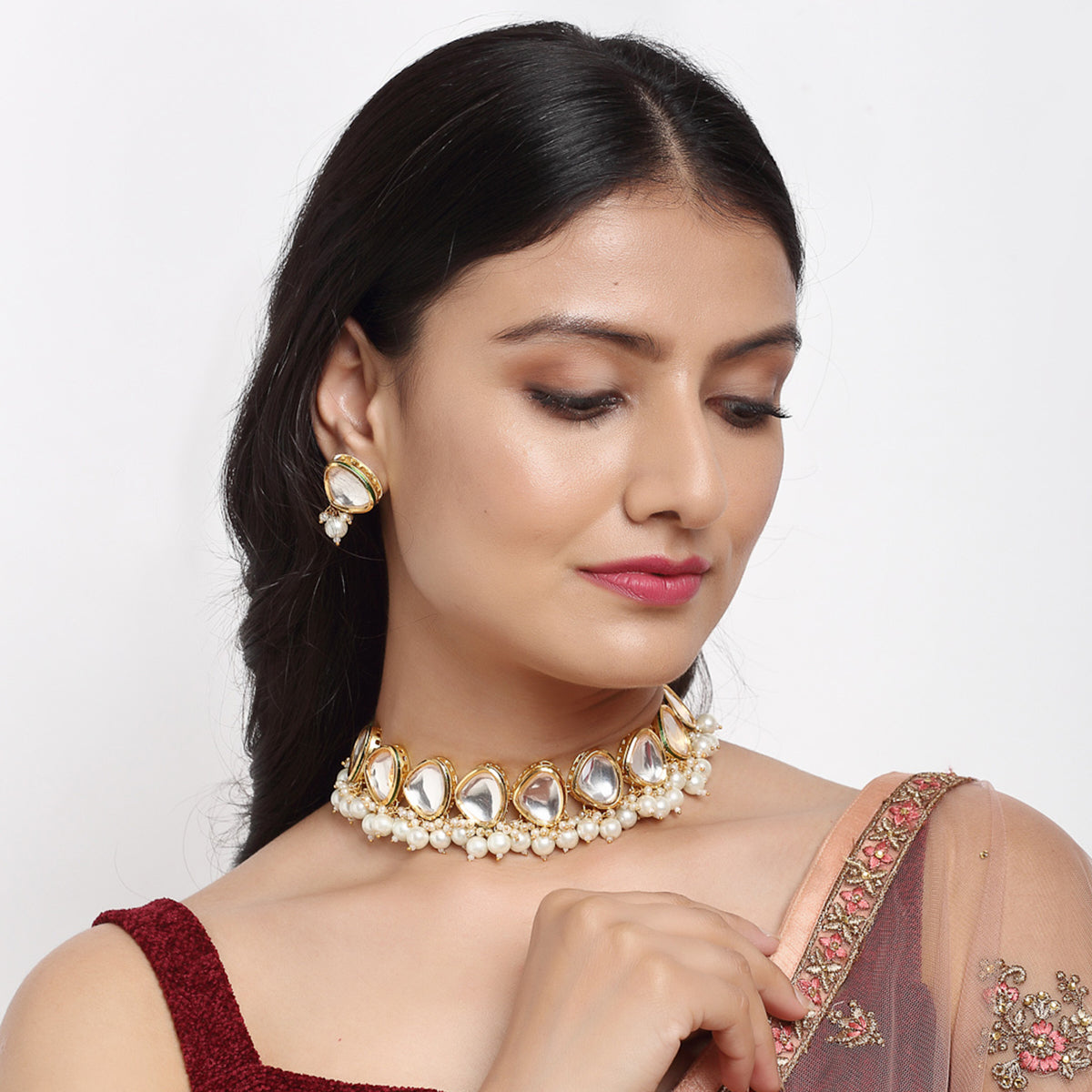 Precious Stones Kundan Choker With Studs