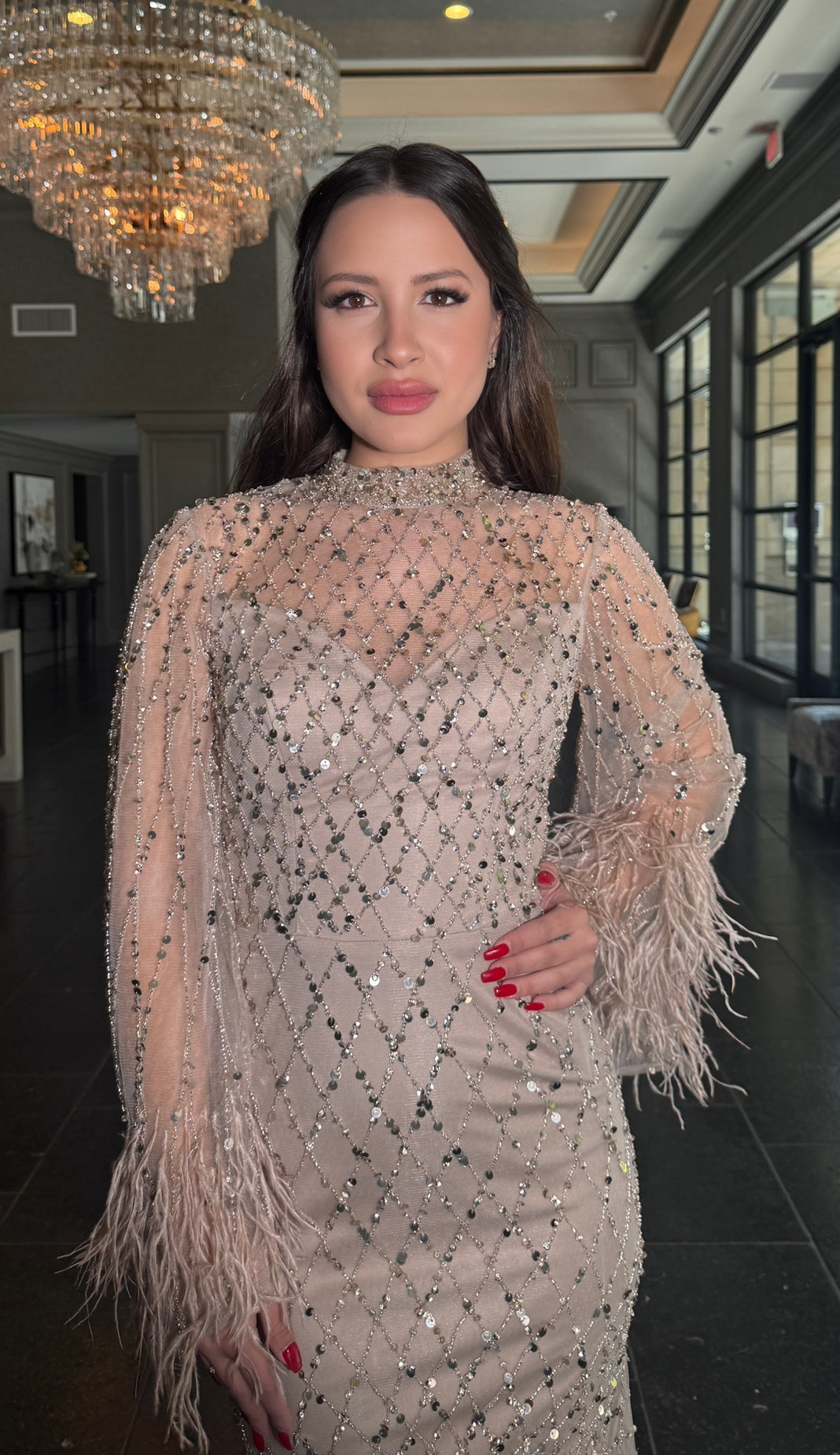 Hasina Modest Neckline Flare Long Sleeve Embellished Feather Dress