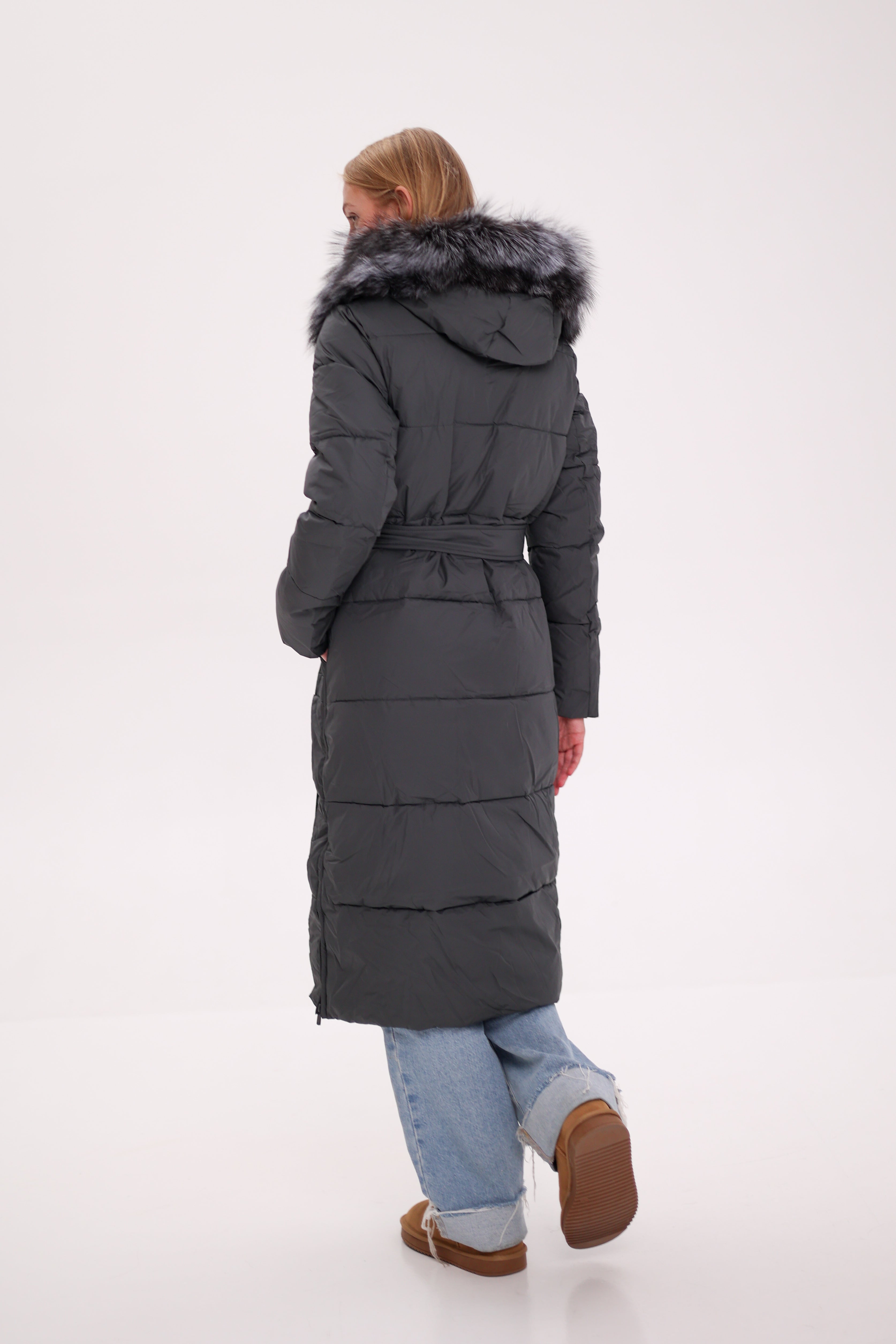 Genuine Silver Fox Belted Winter Insulated Coat