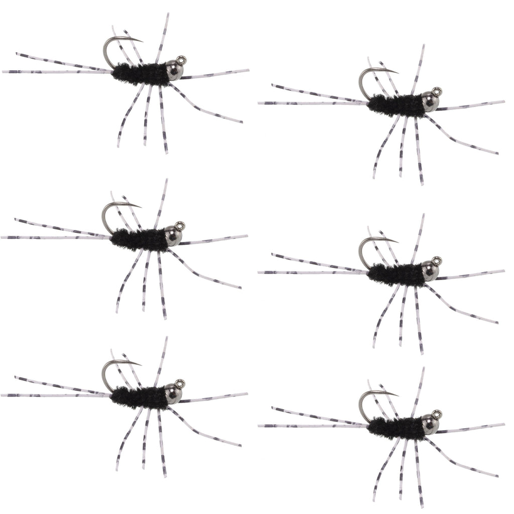 Barbless Pat's Barred Rubber Legs Tungsten Bead Jigged Black Euro Nymph  - Set of 6 Flies Hook Size 6