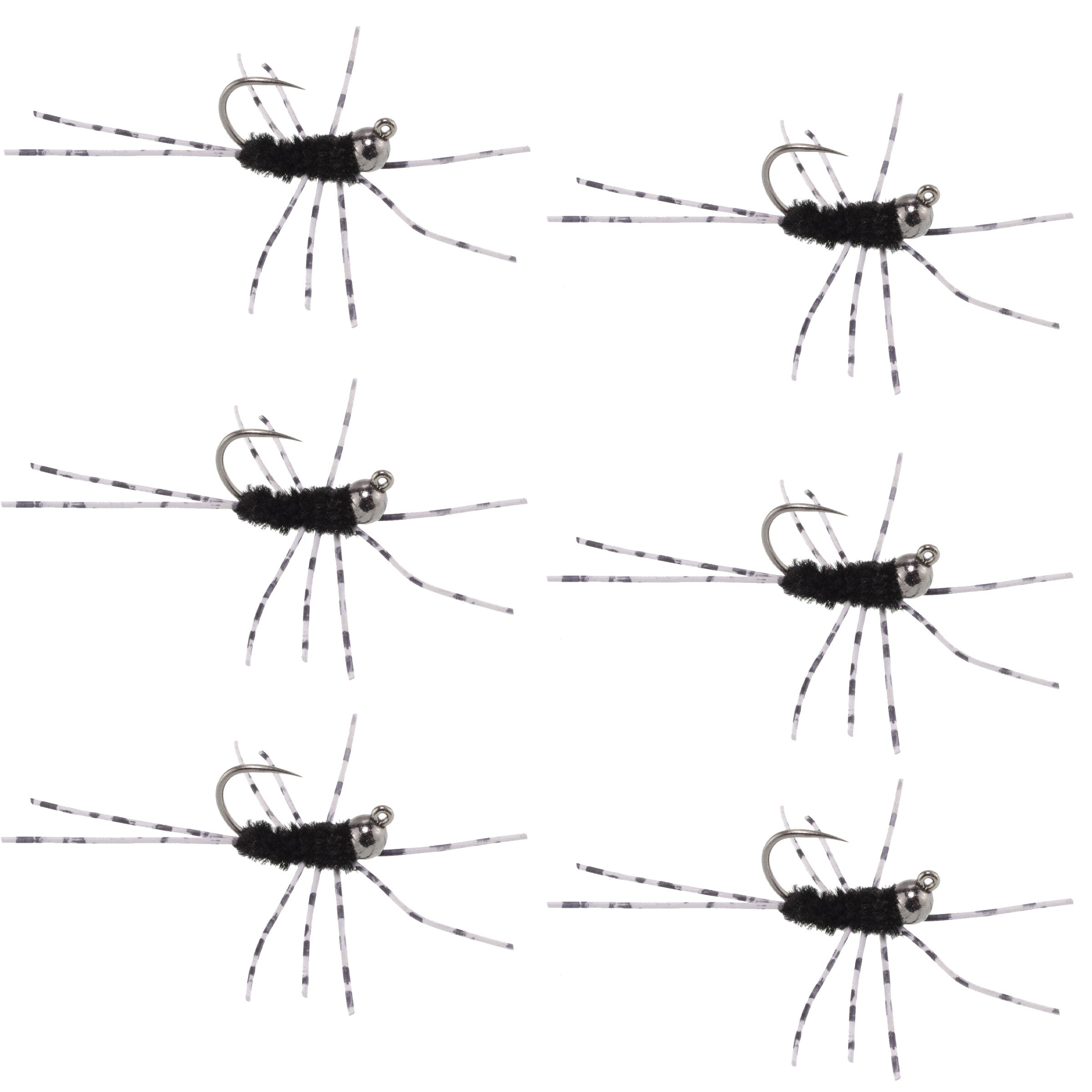 Barbless Pat's Barred Rubber Legs Tungsten Bead Jigged Black Euro Nymph  - Set of 6 Flies Hook Size 6