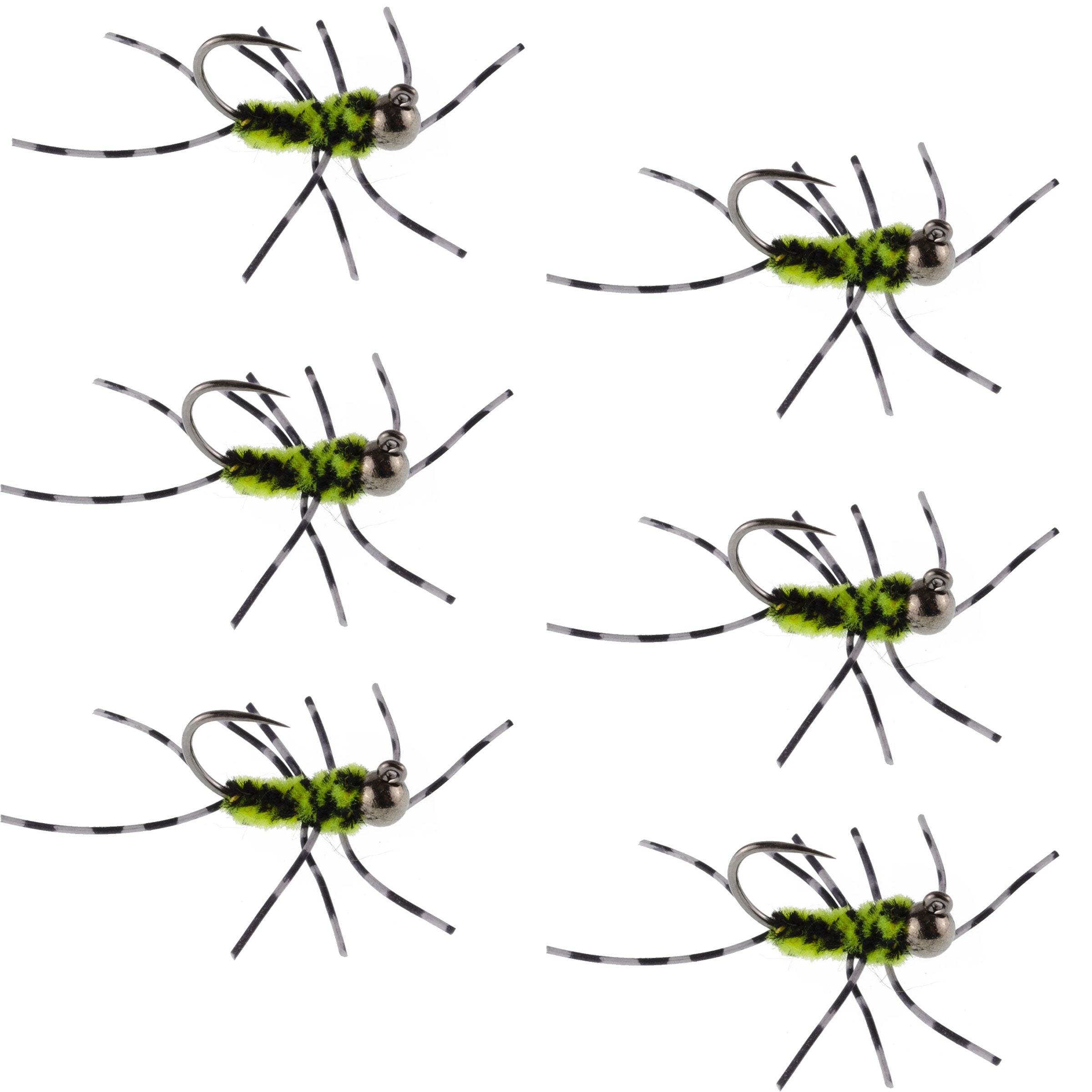 Barbless Pat's Barred Rubber Legs Tungsten Bead Jigged Black/Chartreuse Euro Nymph  - Set of 6 Flies Hook Size 6