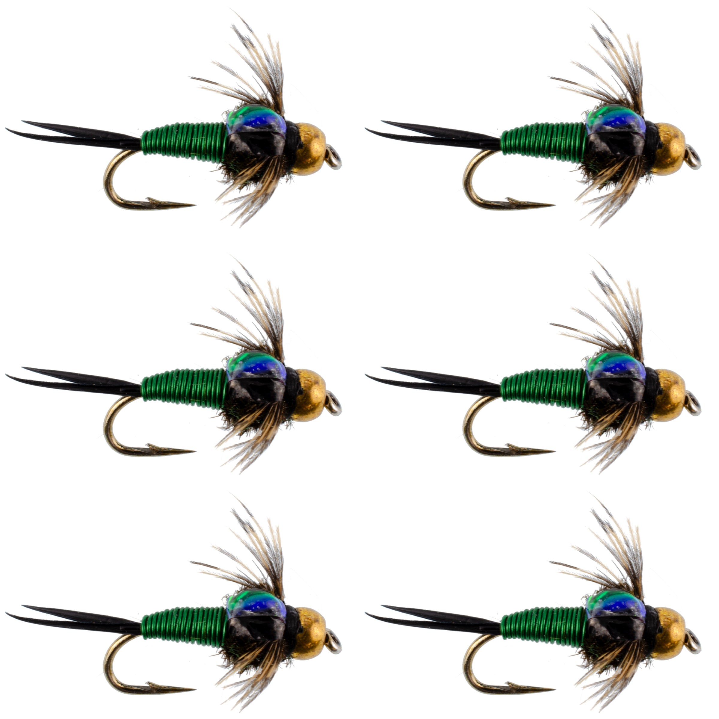 Bead Head Green Copper John Nymph Fly Fishing Flies - Set of 6 Flies Hook Size 14