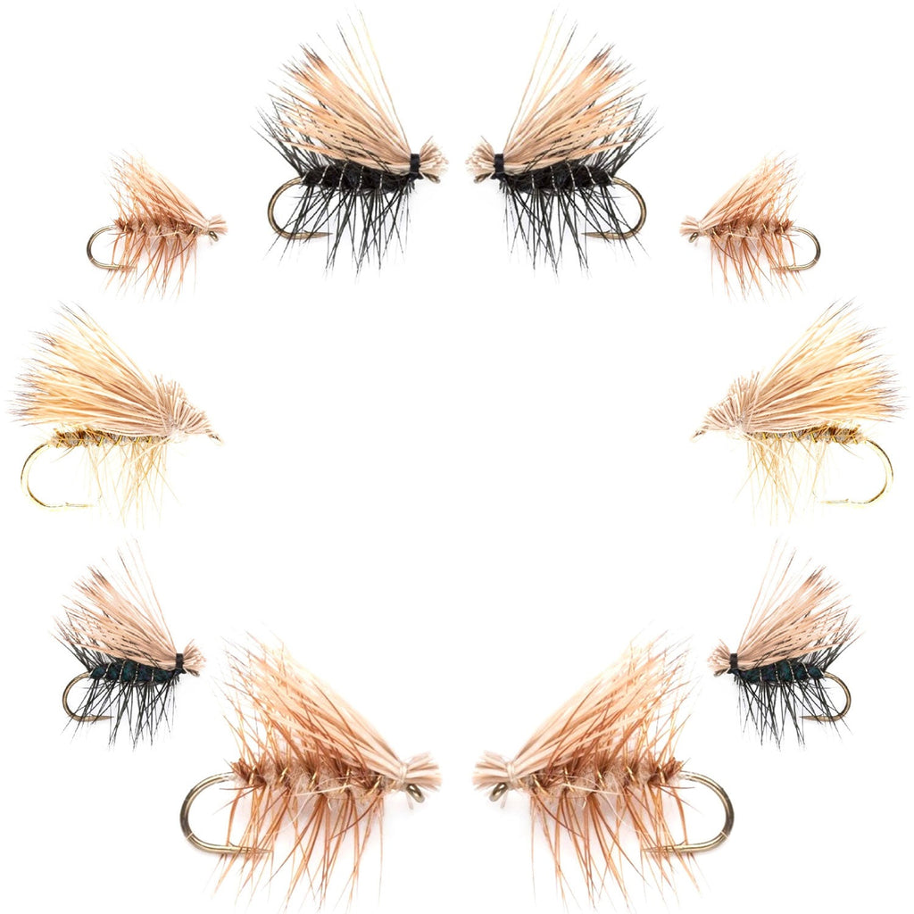 Basics Collection - Elk Hair Caddis Dry Fly Assortment - 10 Dry Fishing Flies - 5 Patterns - Hook Sizes 12, 14, 16, 18