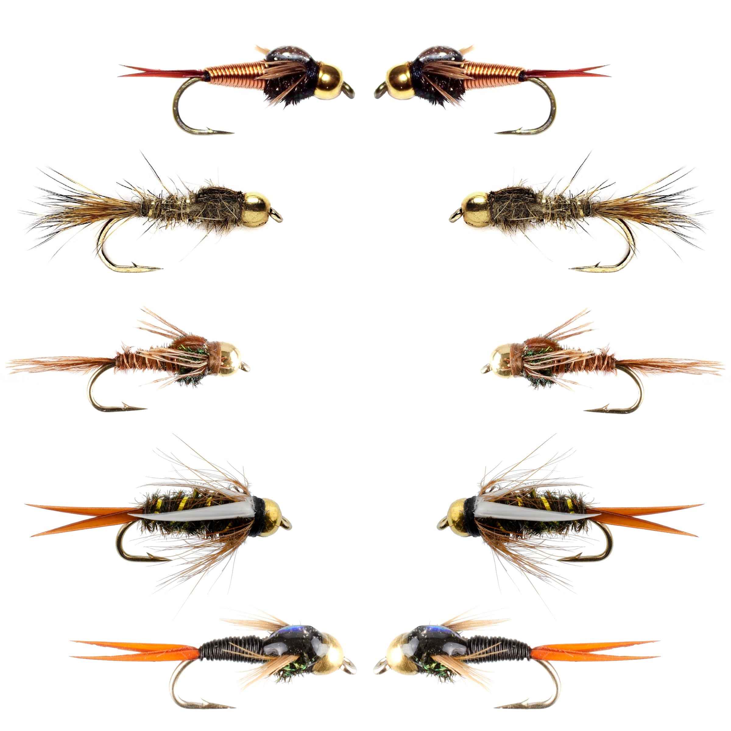 Basics Collection - Tungsten Bead Head Nymph Assortment - 10 Wet Flies - 5 Patterns - Hook Sizes 10, 12, 14, 16