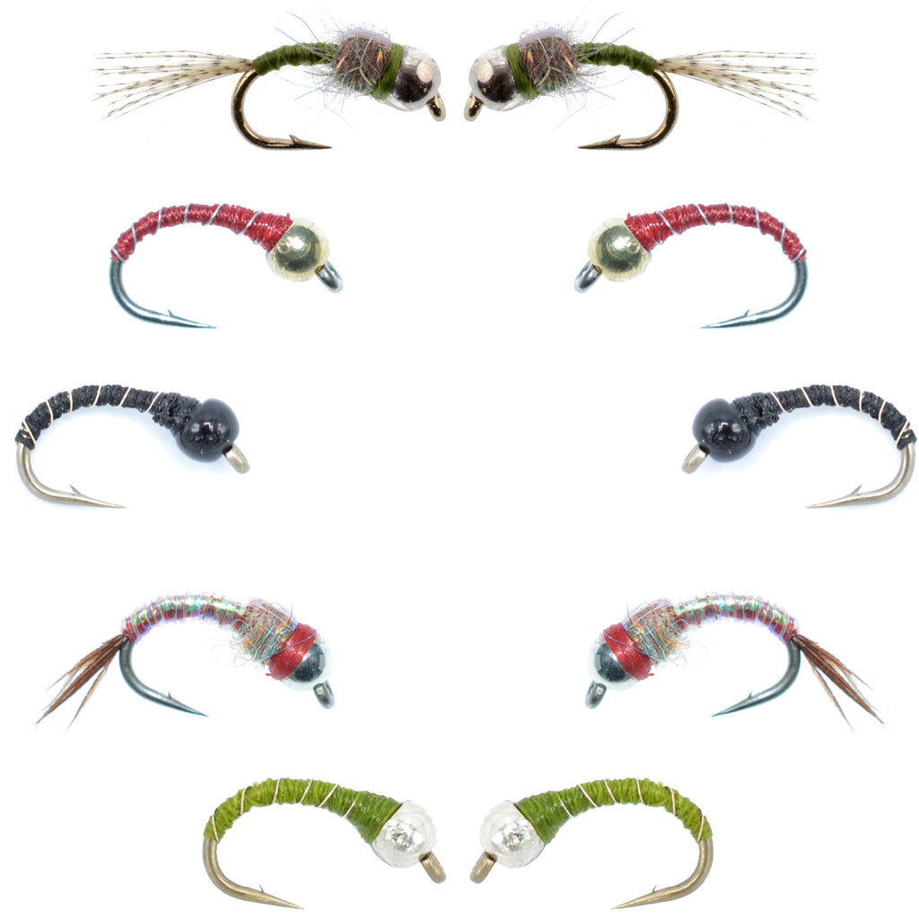 Basics Collection - Essential Bead Head Midge Nymph Assortment - 10 Wet Flies - 5 Patterns - Hook Sizes 14, 16, 18