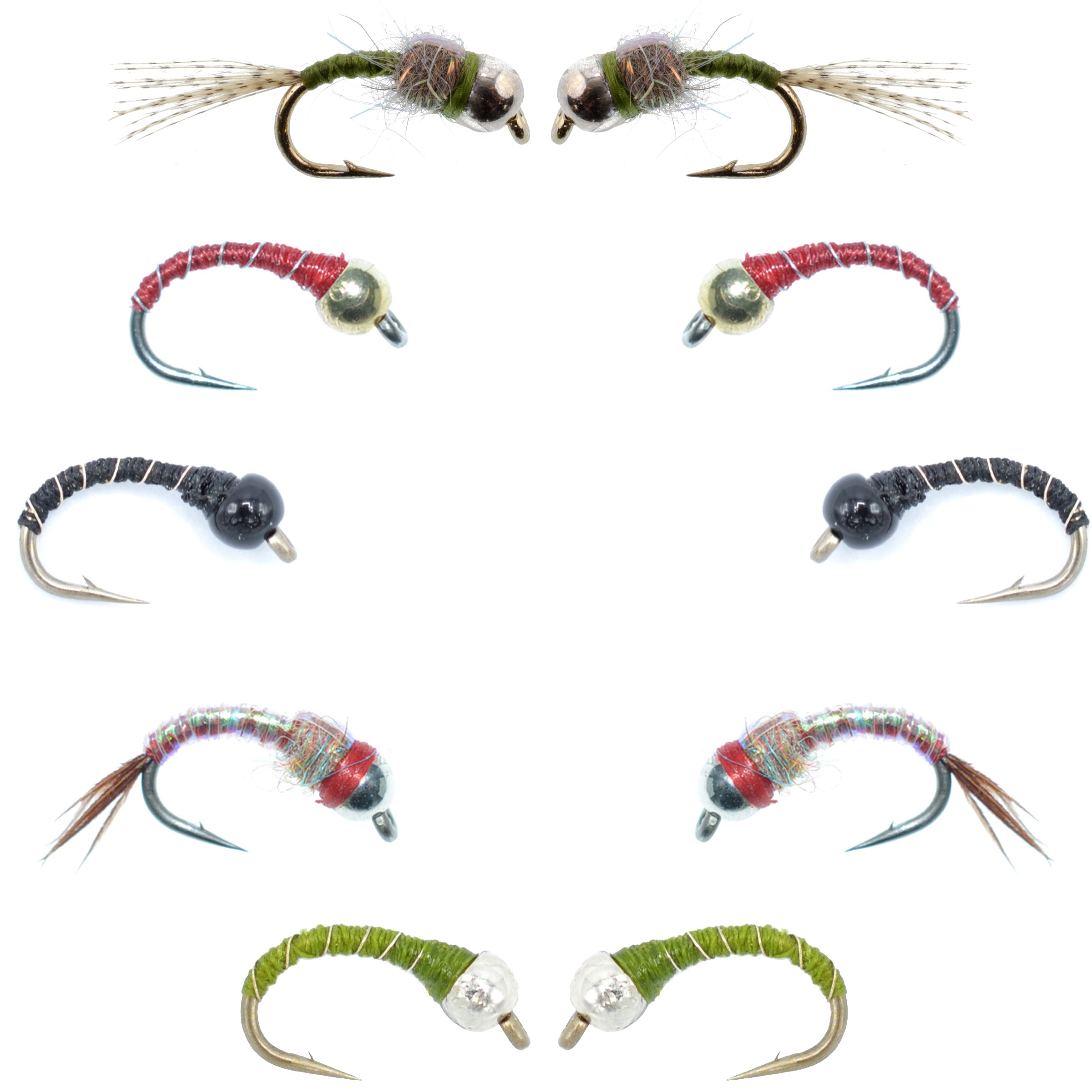 Basics Collection - Essential Bead Head Midge Nymph Assortment - 10 Wet Flies - 5 Patterns - Hook Sizes 14, 16, 18