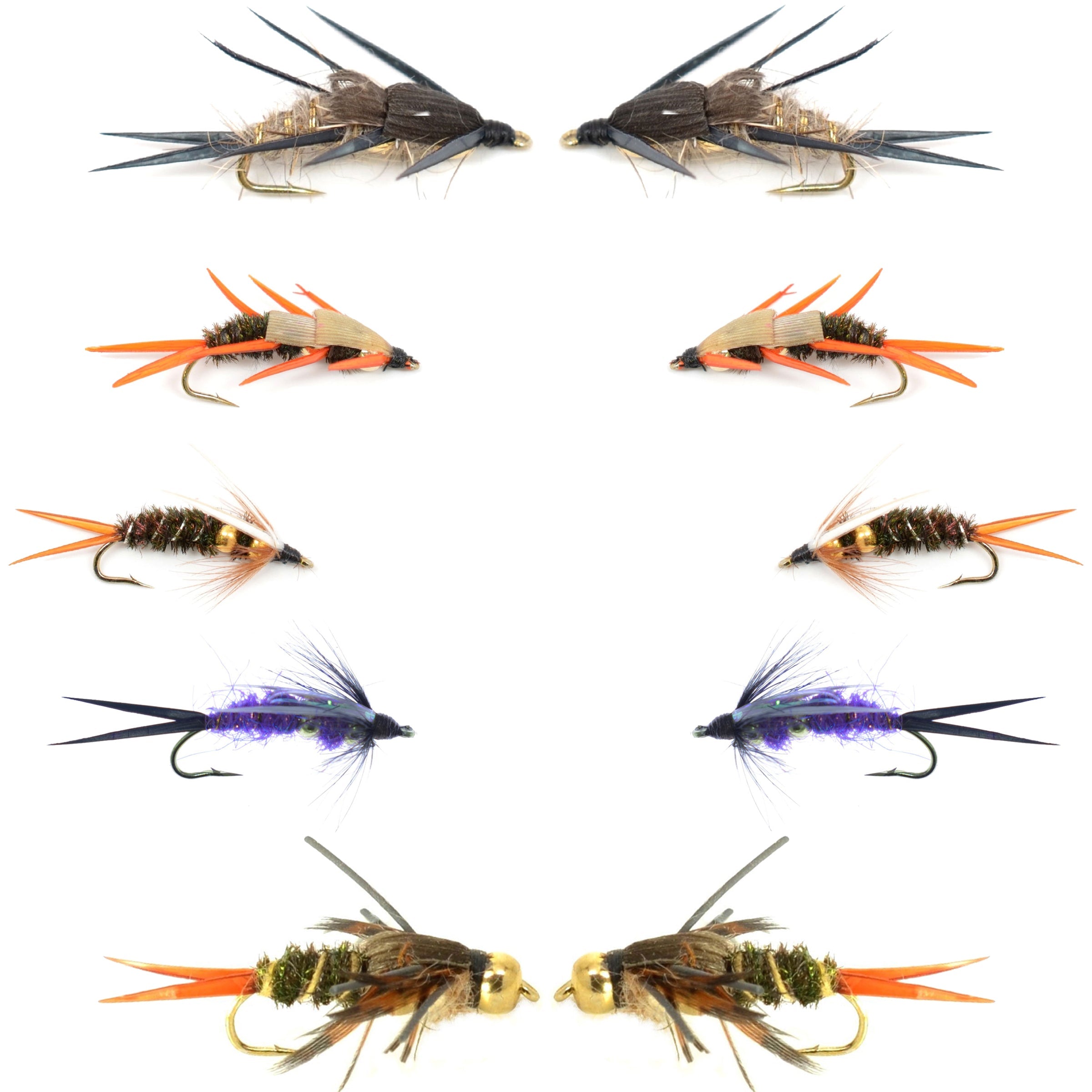 Basics Collection - Double Bead Head Nymph Assortment - 10 Wet Flies - 5 Patterns - Hook Size 8