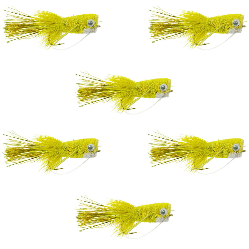Flashtail Bass Popper  6 Flies Size 8 - Yellow Bass Fly Fishing Bug Wide Gape Bass Hooks With Weed Guard