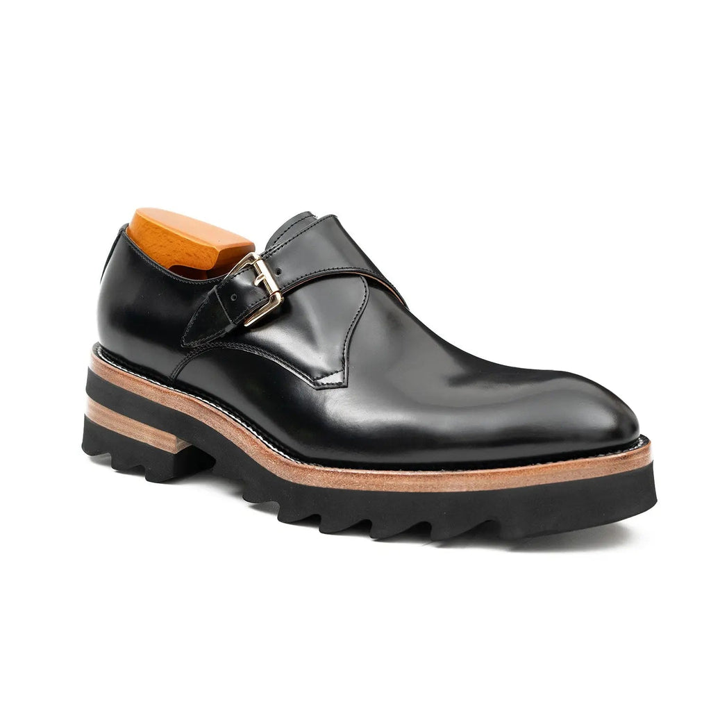 Black Leather Monk Strap Shoes with Chunky Soles