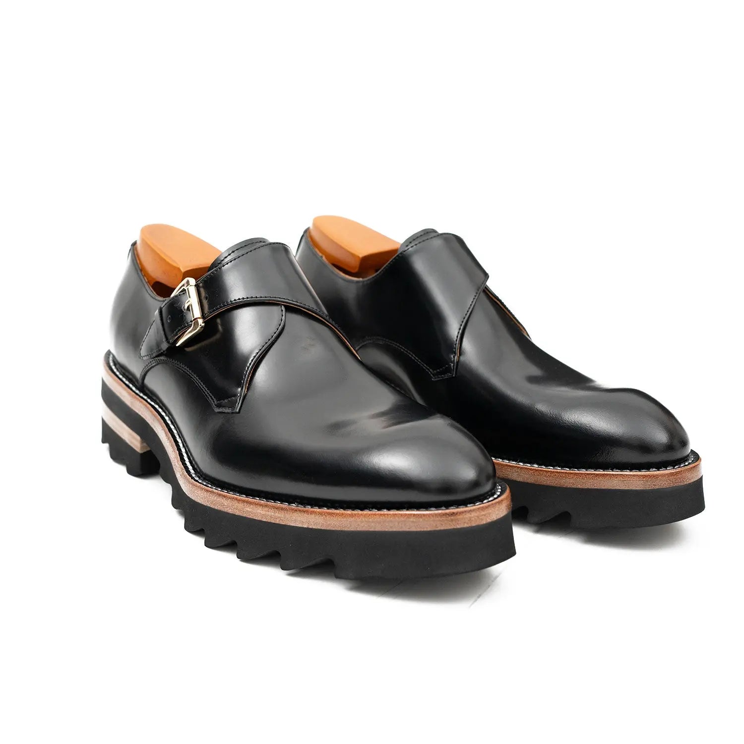 Black Leather Monk Strap Shoes with Chunky Soles