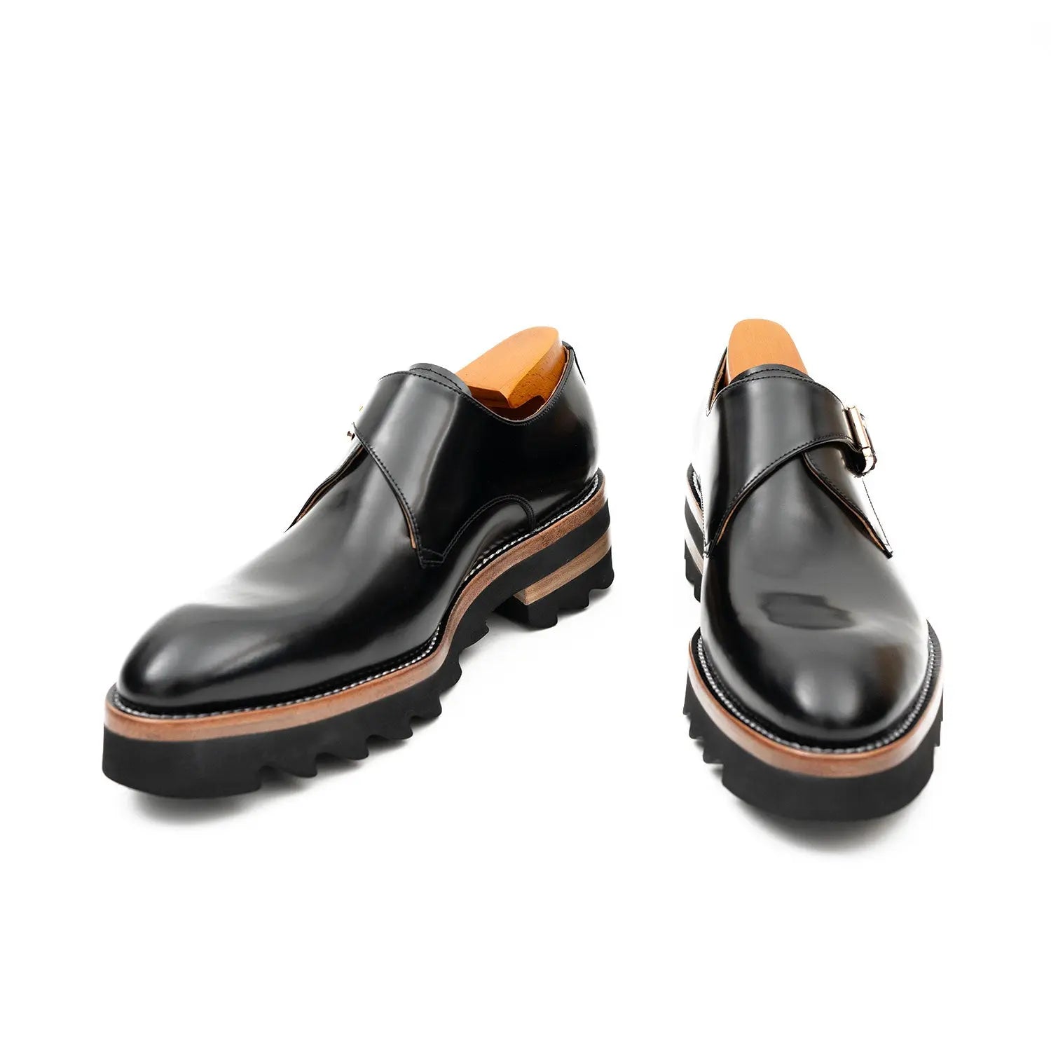 Black Leather Monk Strap Shoes with Chunky Soles