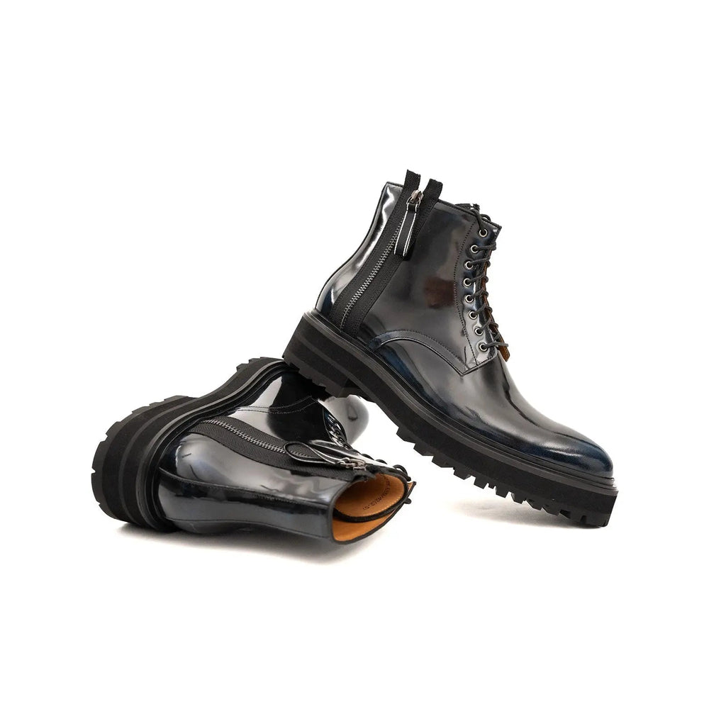 Blue Patent Side-Zip Combat Boot