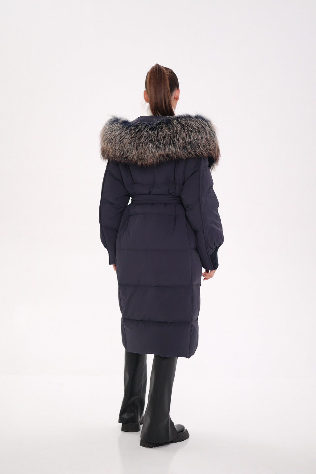 Rei Genuine Fur Trim Hooded Down Coat in Navy