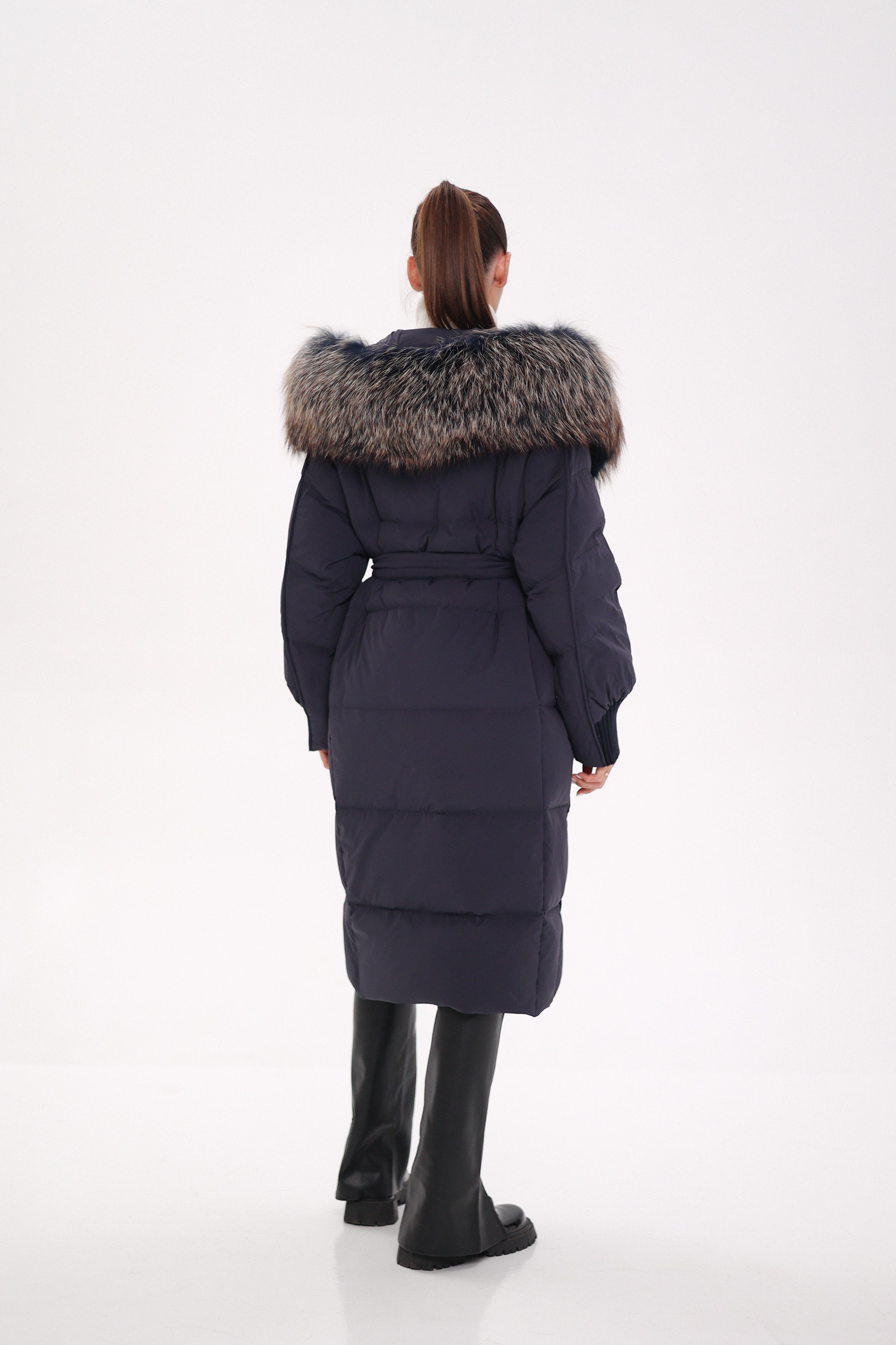 Rei Genuine Fur Trim Hooded Down Coat in Navy