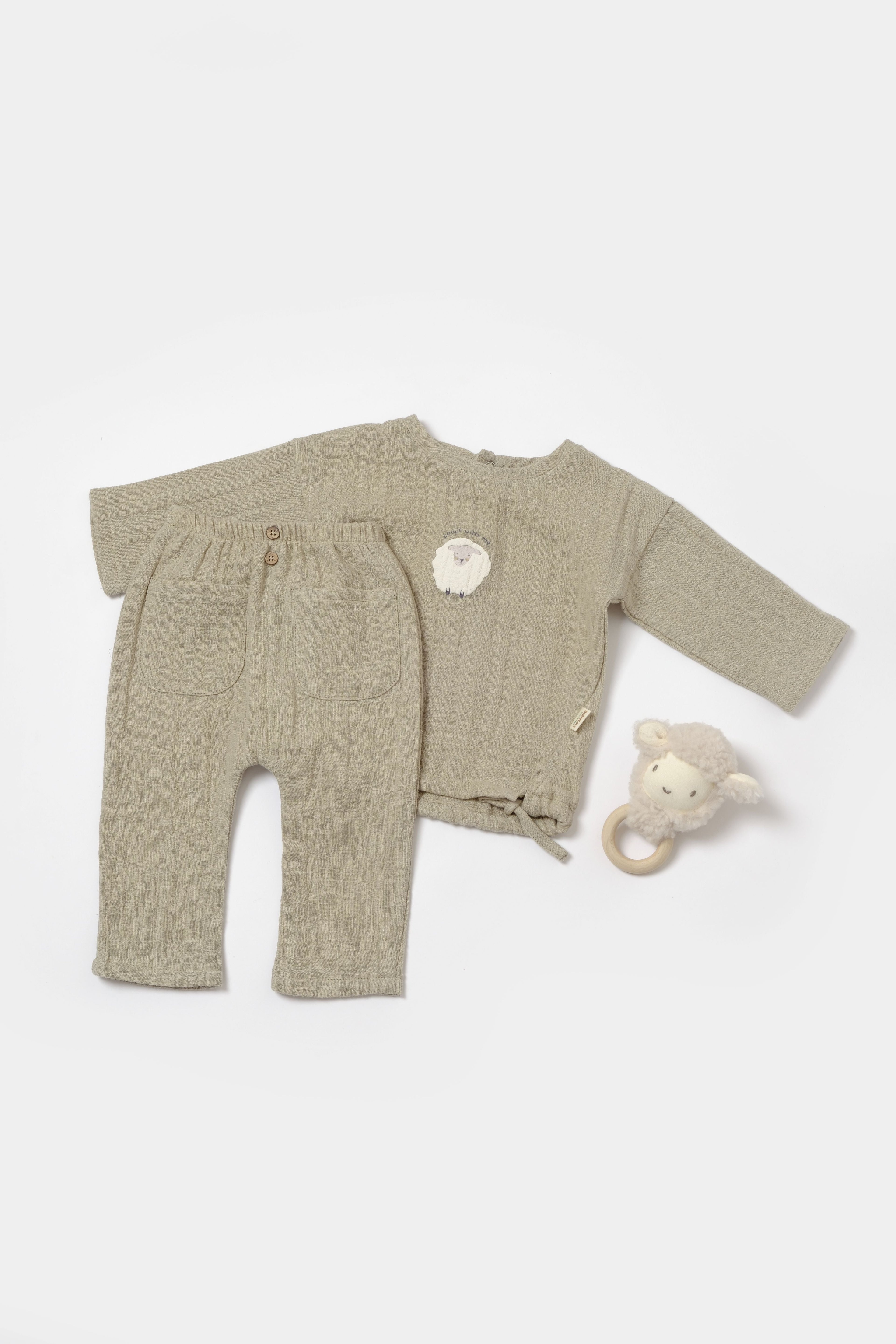 Muslin Tie Detail Green Sheep Set