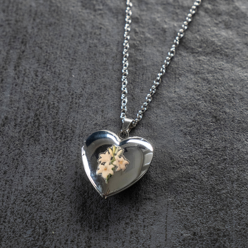 Lily Heart Locket Necklace: Luke 12:27-28