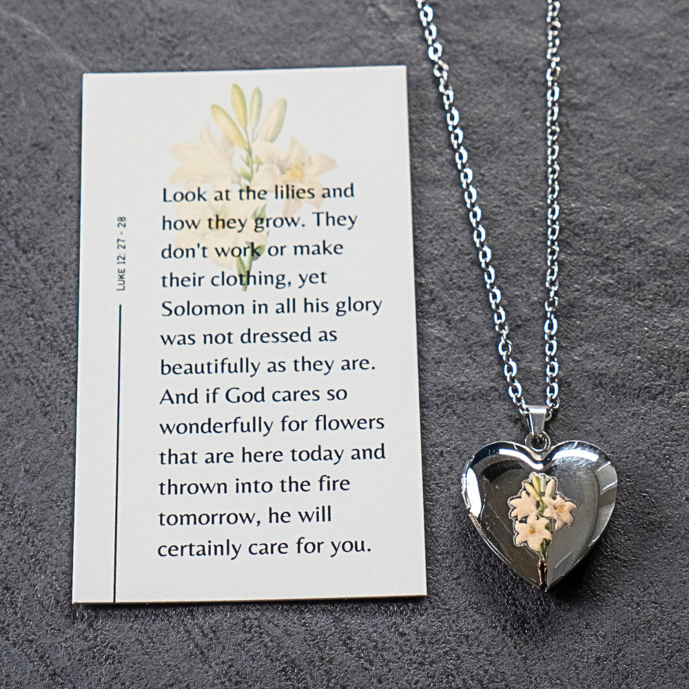 Lily Heart Locket Necklace: Luke 12:27-28