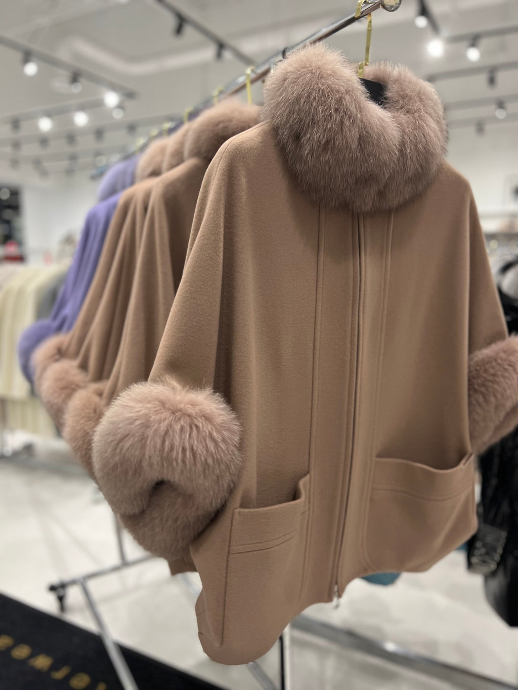 Genuine Polar Fox Fur Cashmere Blend Poncho in French Beige