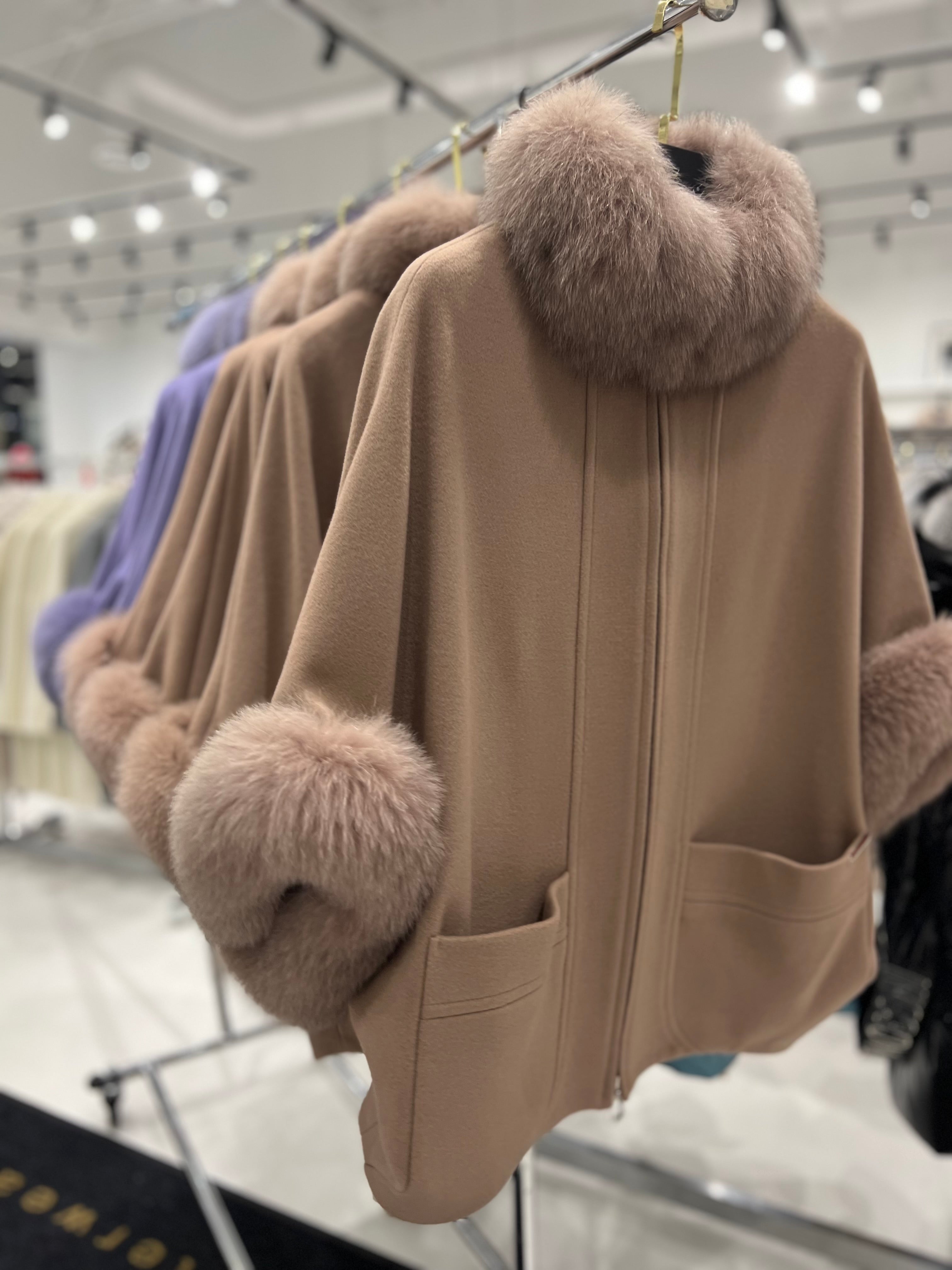 Genuine Polar Fox Fur Cashmere Blend Poncho in French Beige