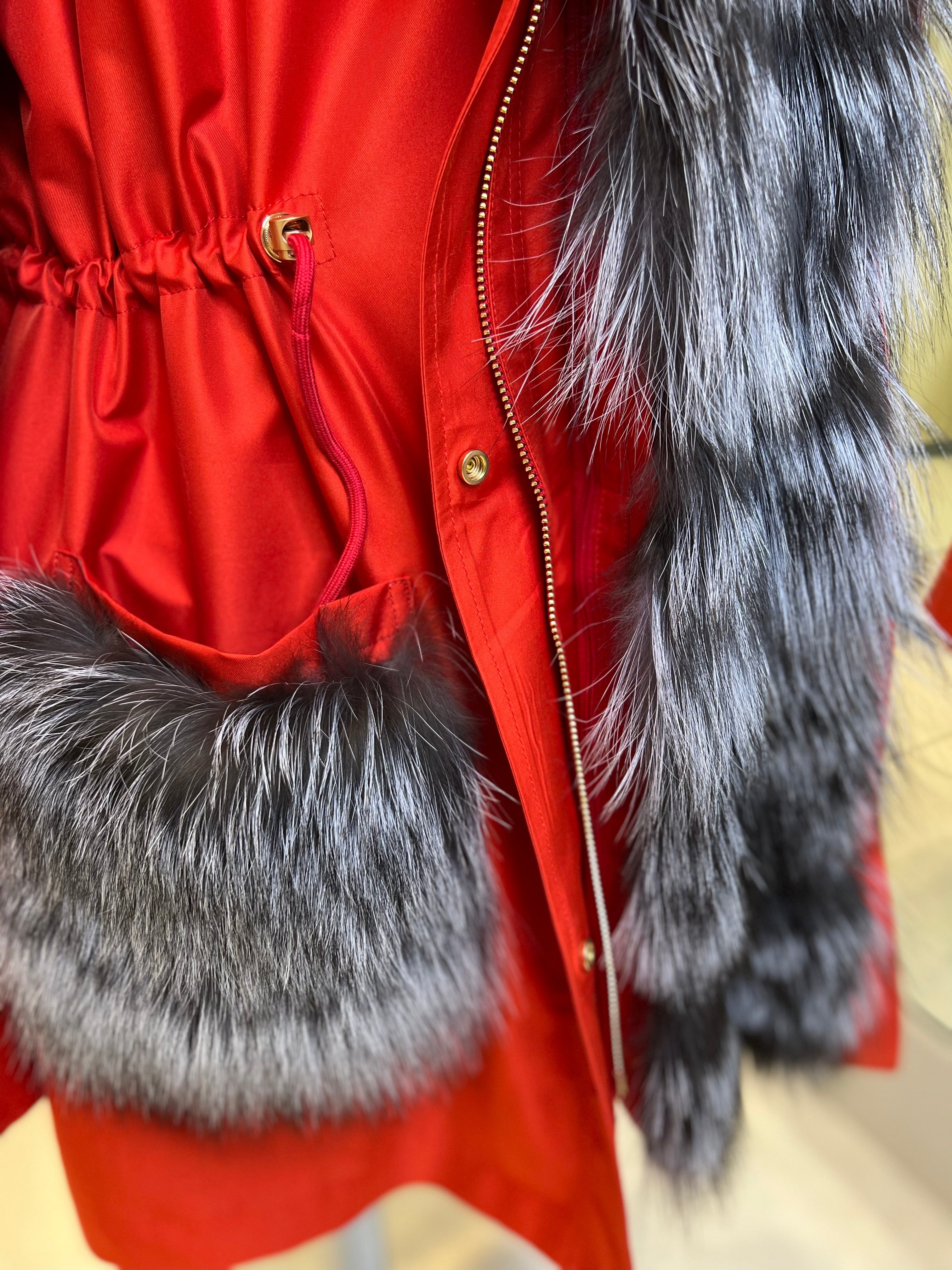 Roma Genuine Silver Fox Fur Rabbit Fur Insulated Parka in Red