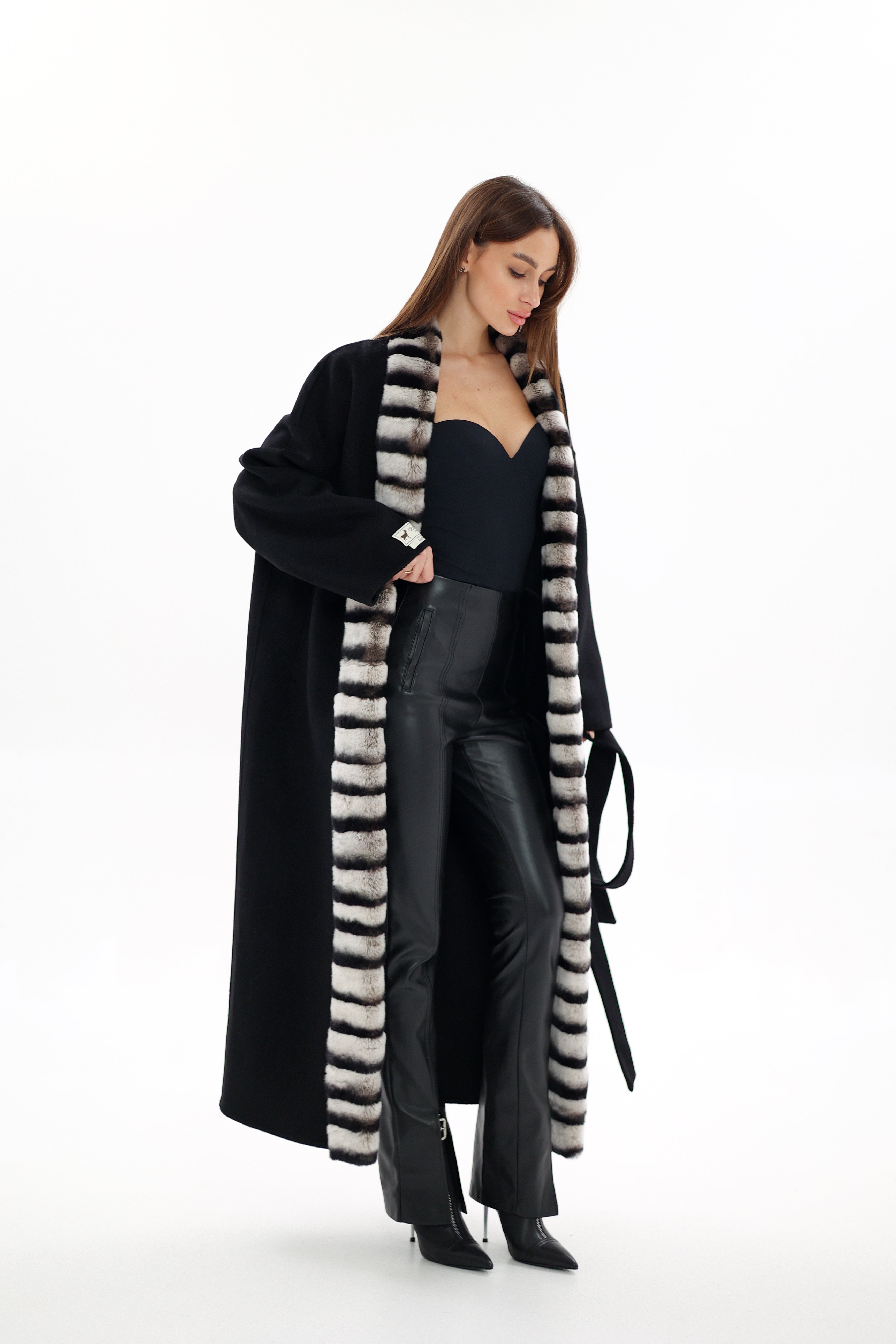 Genuine  French Orylag Fur Italian Cashmere Wool Coat