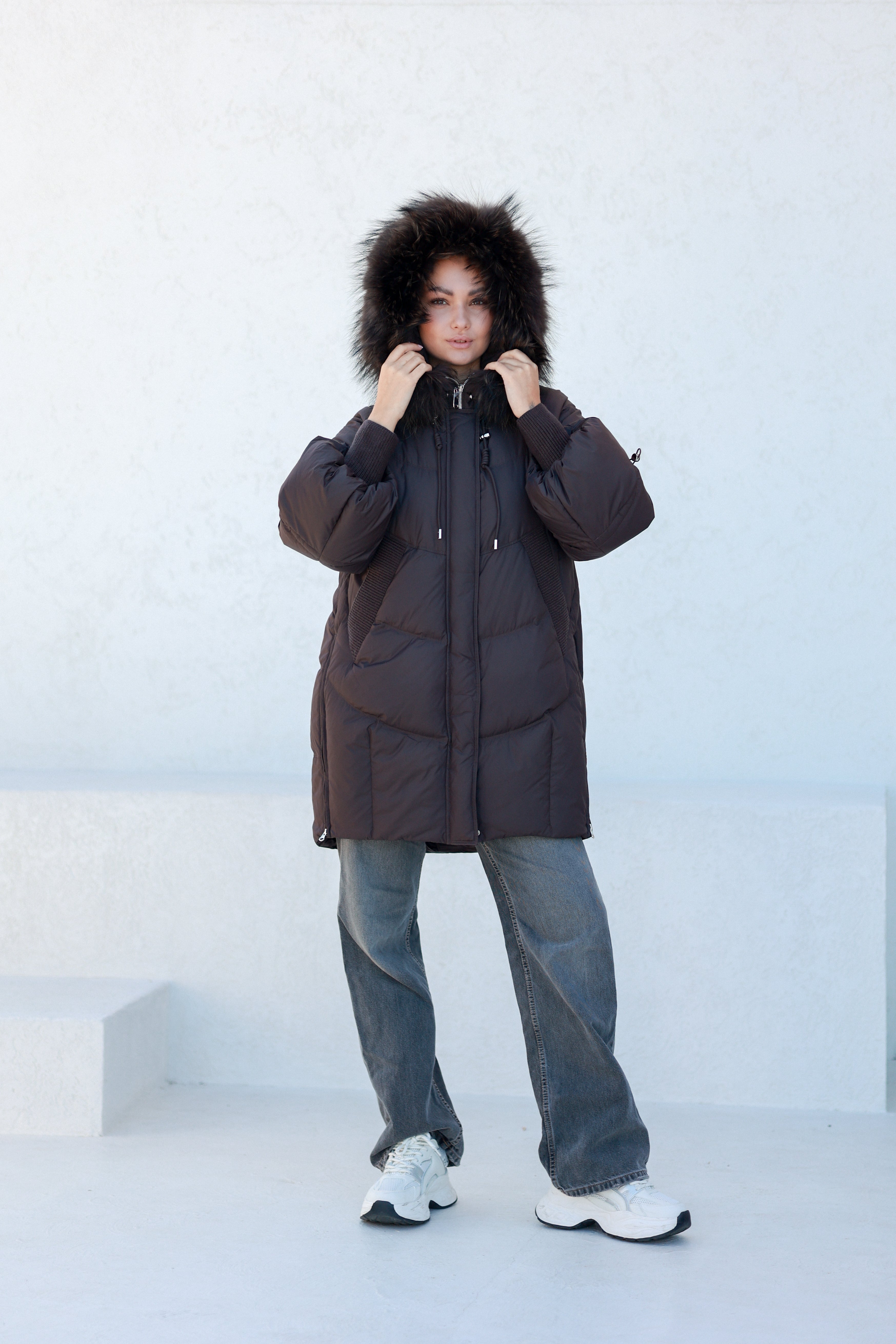 Celeste Genuine Fur Trim Down Fill Coat in Fig