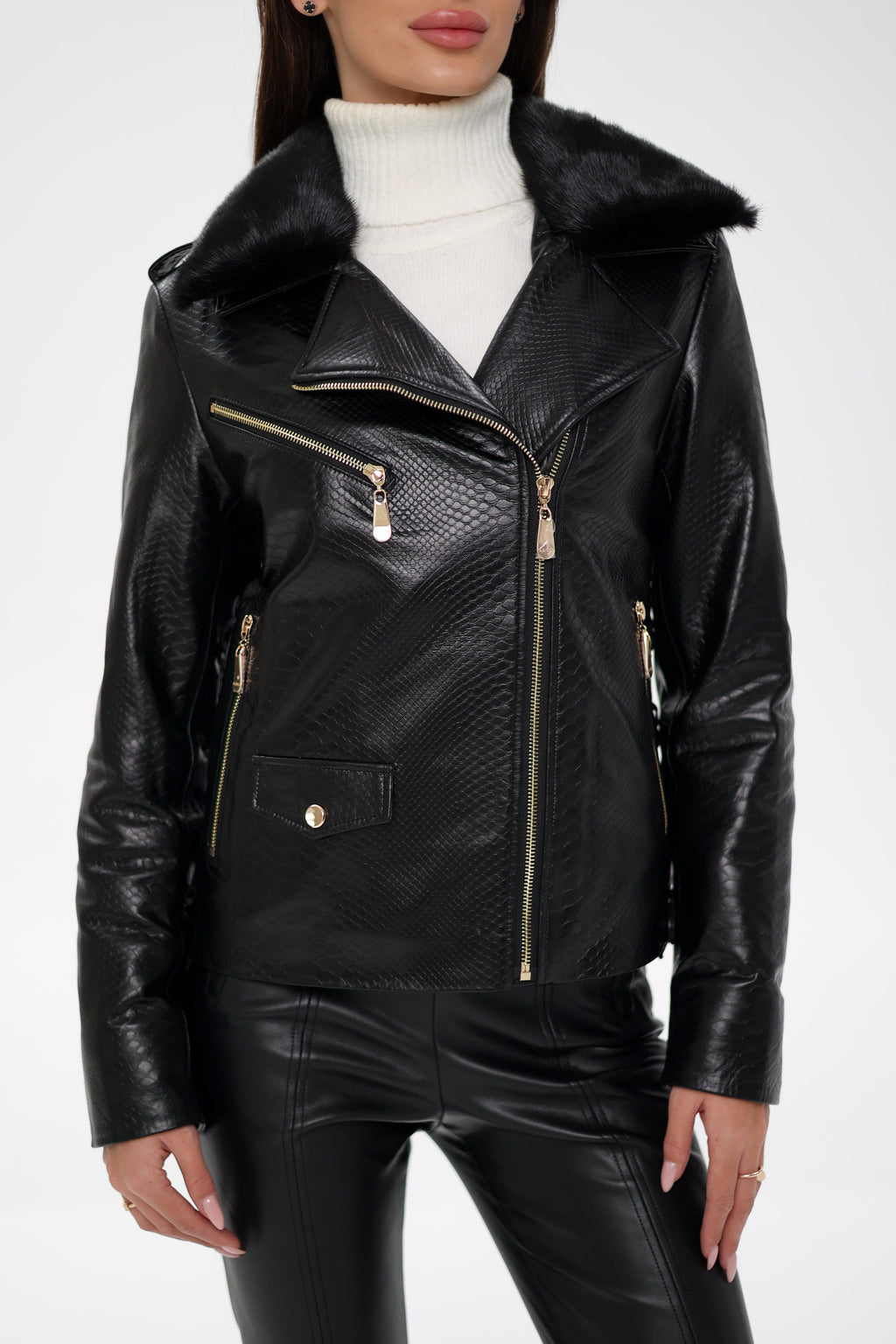 Genuine Mink Fur Embossed Leather Jacket