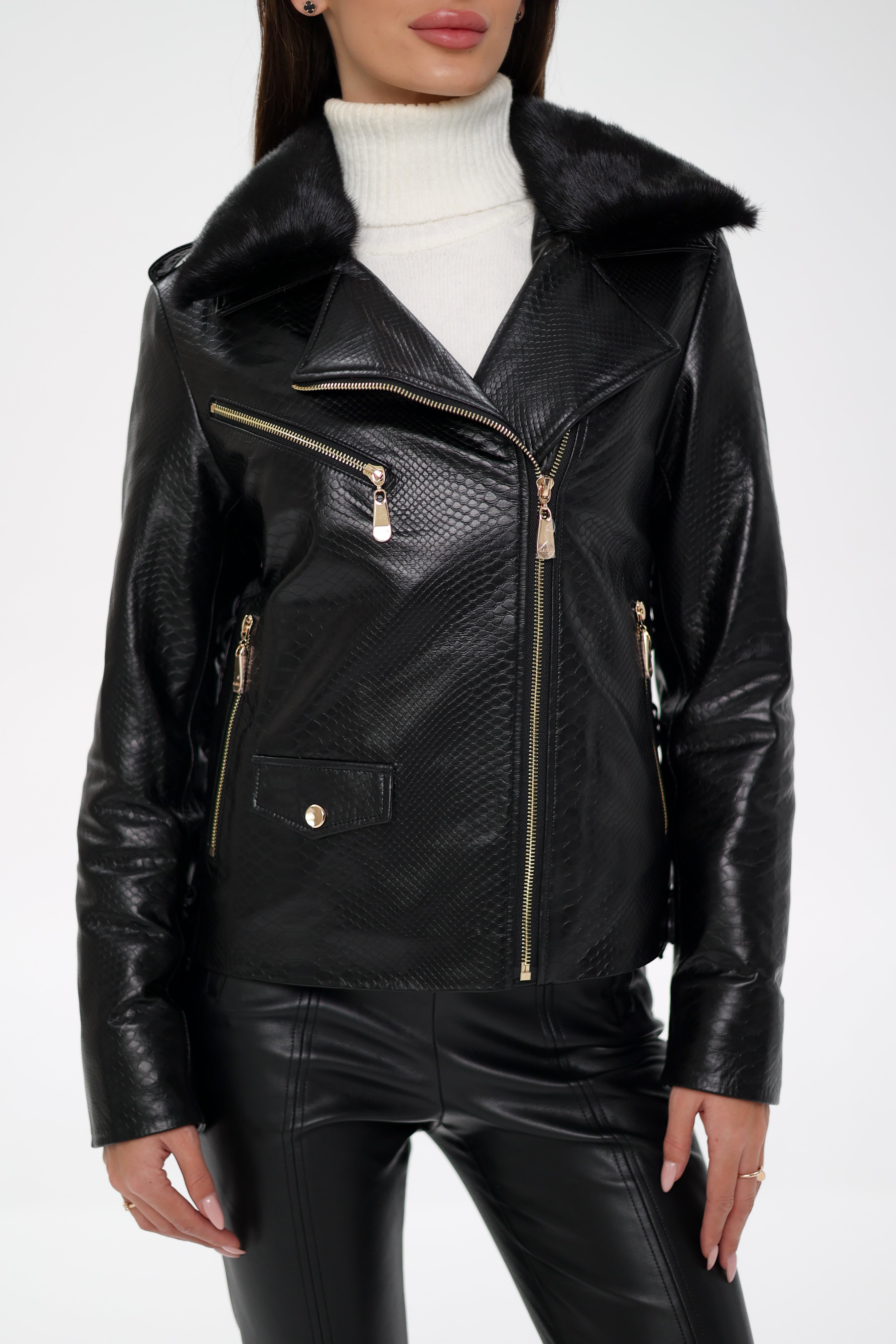 Genuine Mink Fur Embossed Leather Jacket