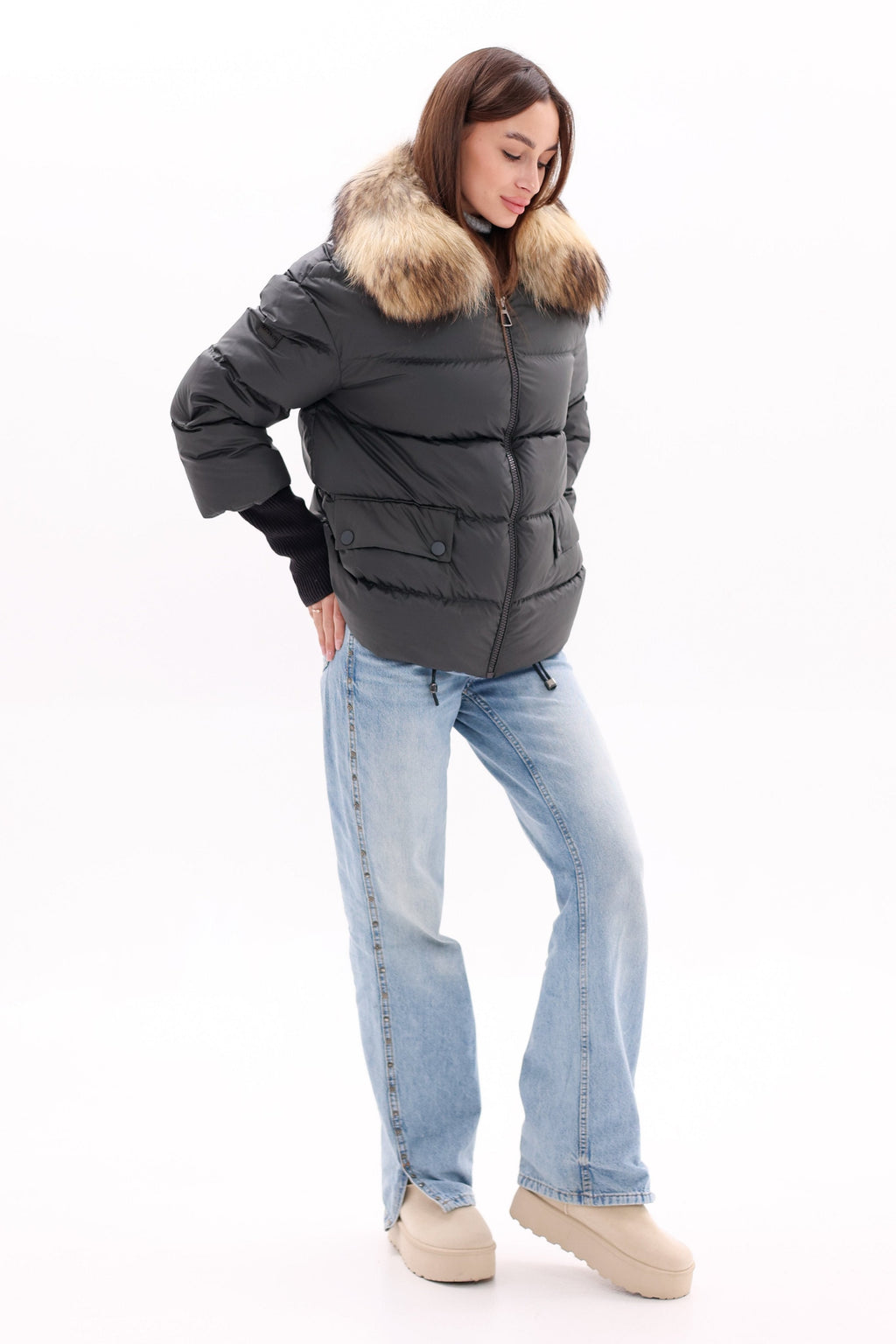 Genuine Fur Trim Down Fill Coat in Black