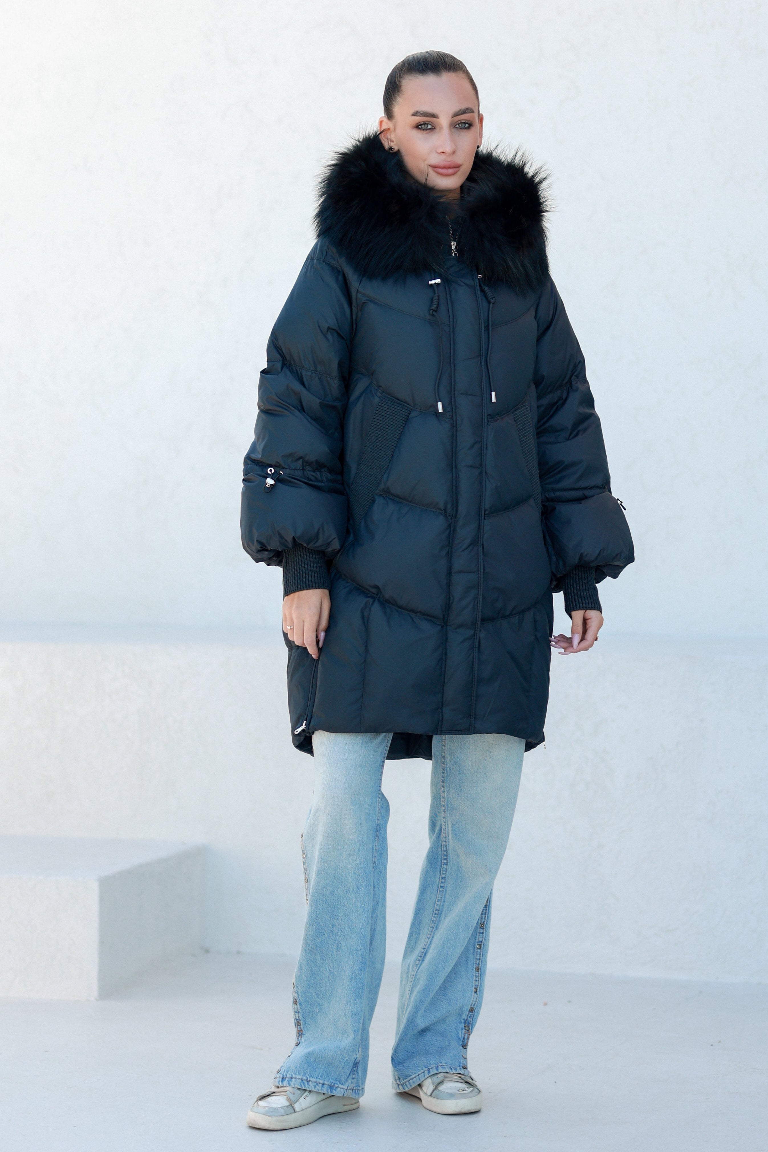 Celeste Genuine Fur Trim Down Fill Coat in Black