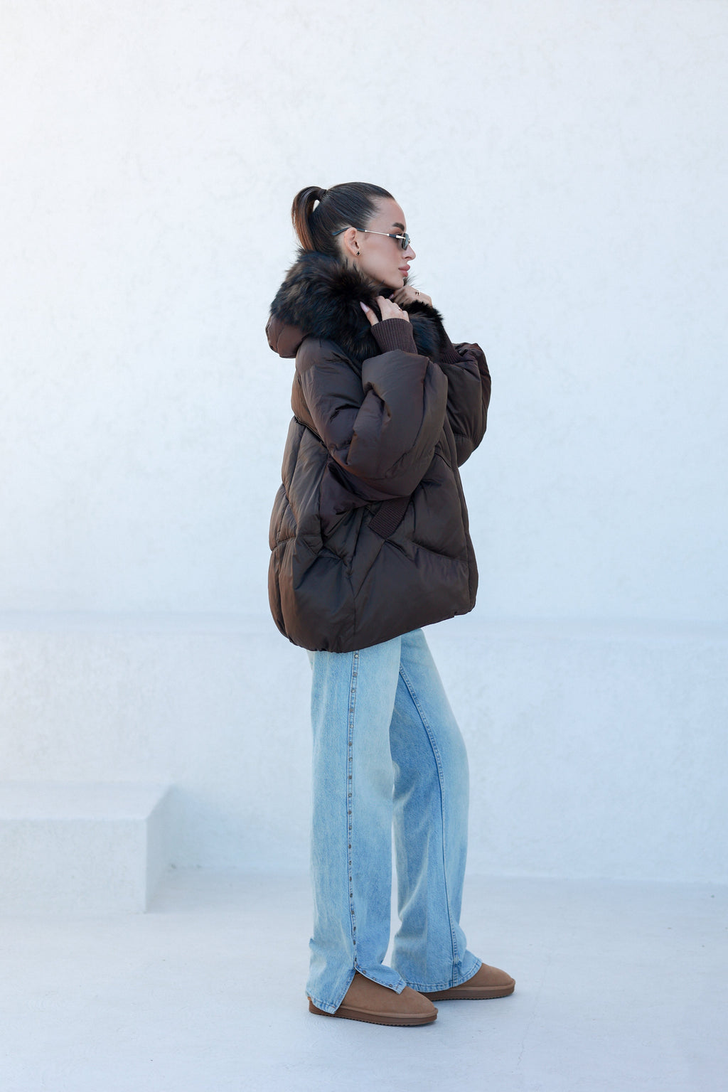 Chantal Genuine Fur Trim Down Fill Coat in Chocolate