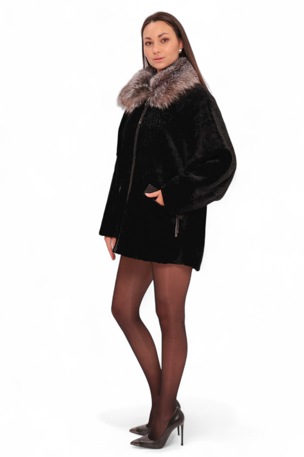Palermo Genuine Astrakhan Silver Fox Trim Coat