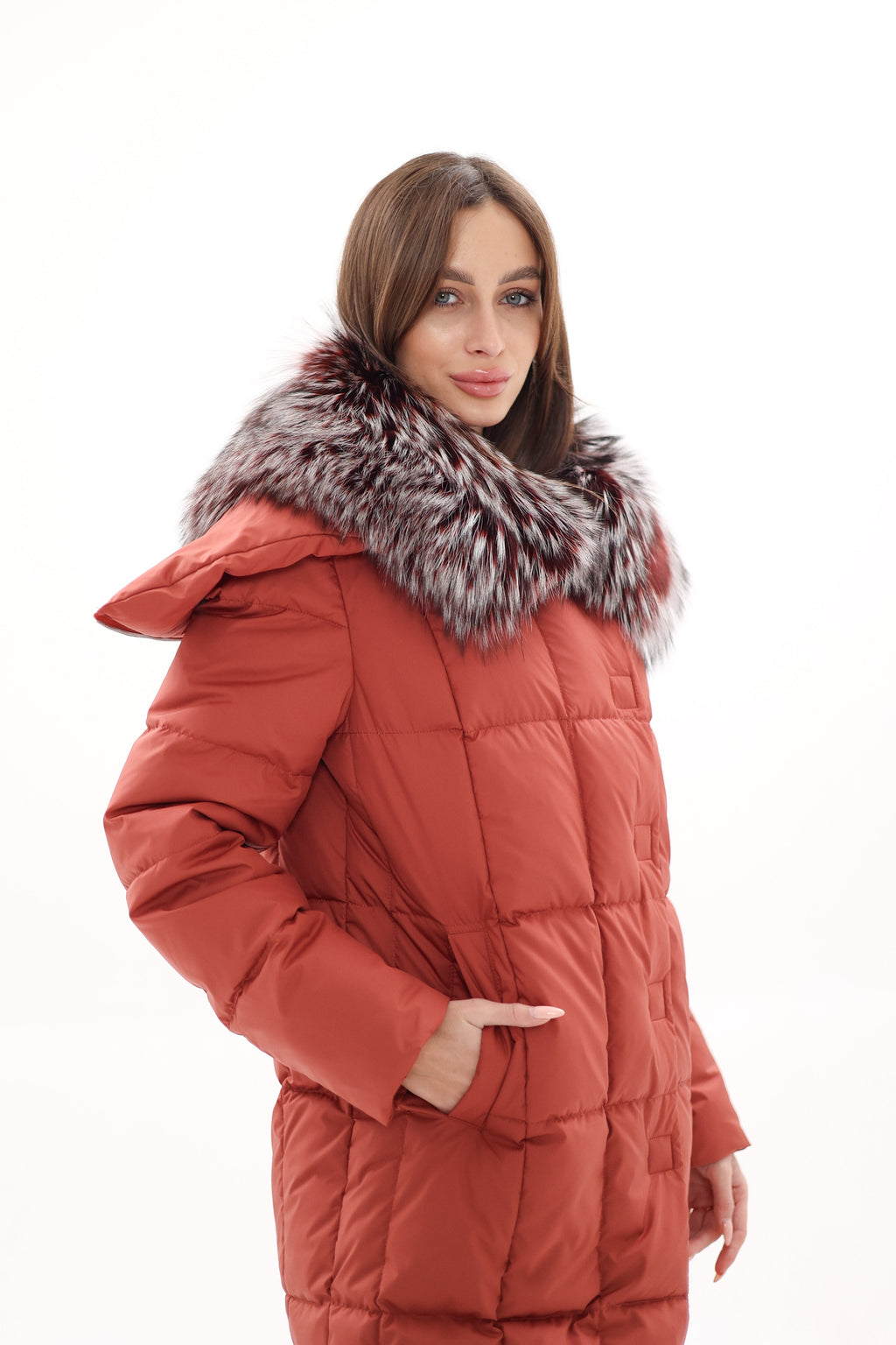 Genuine Silver Fox Fur Trim Down Coat