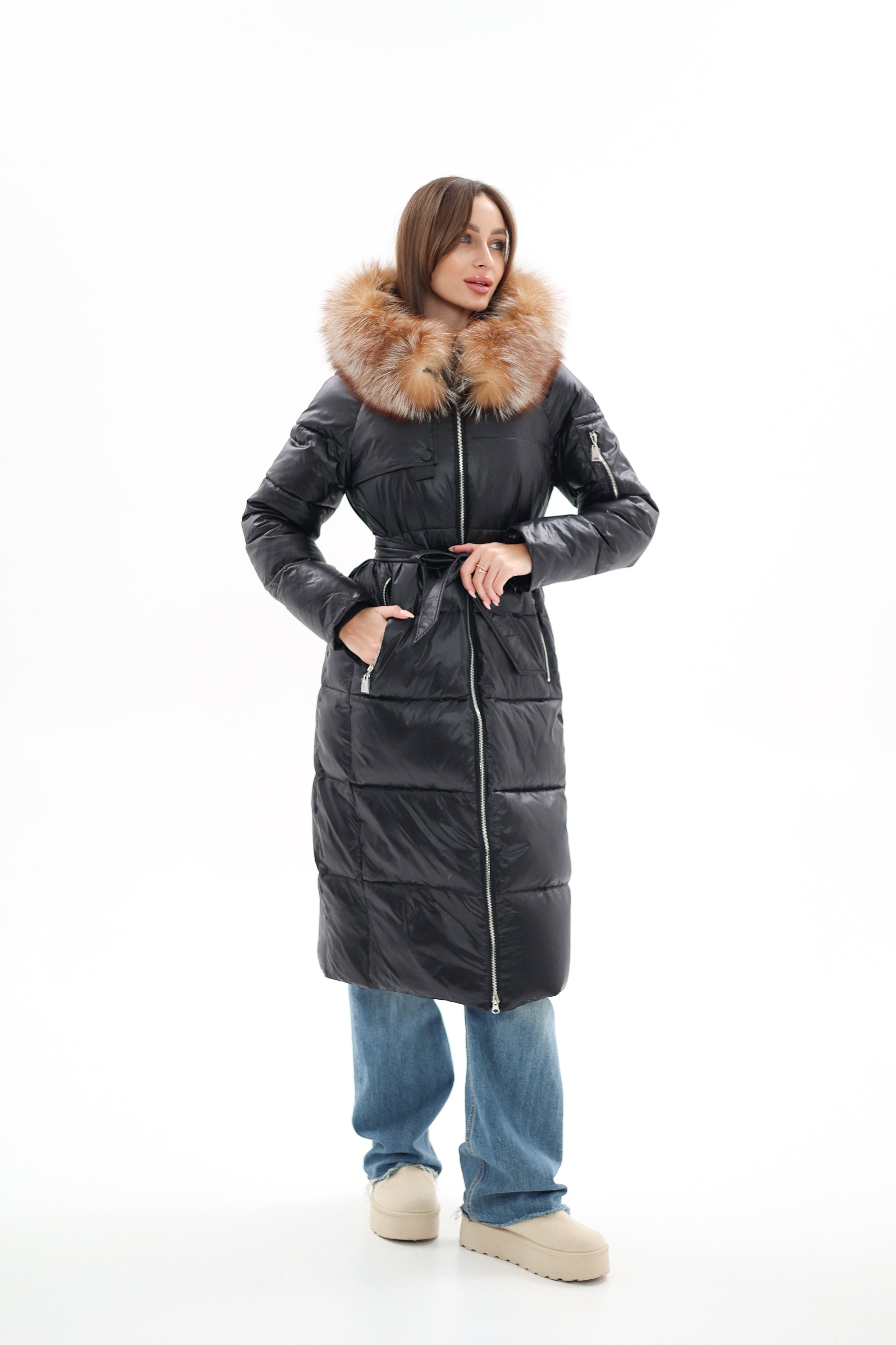 Genuine Silver Fox Fur Alternative Down Fill Coat
