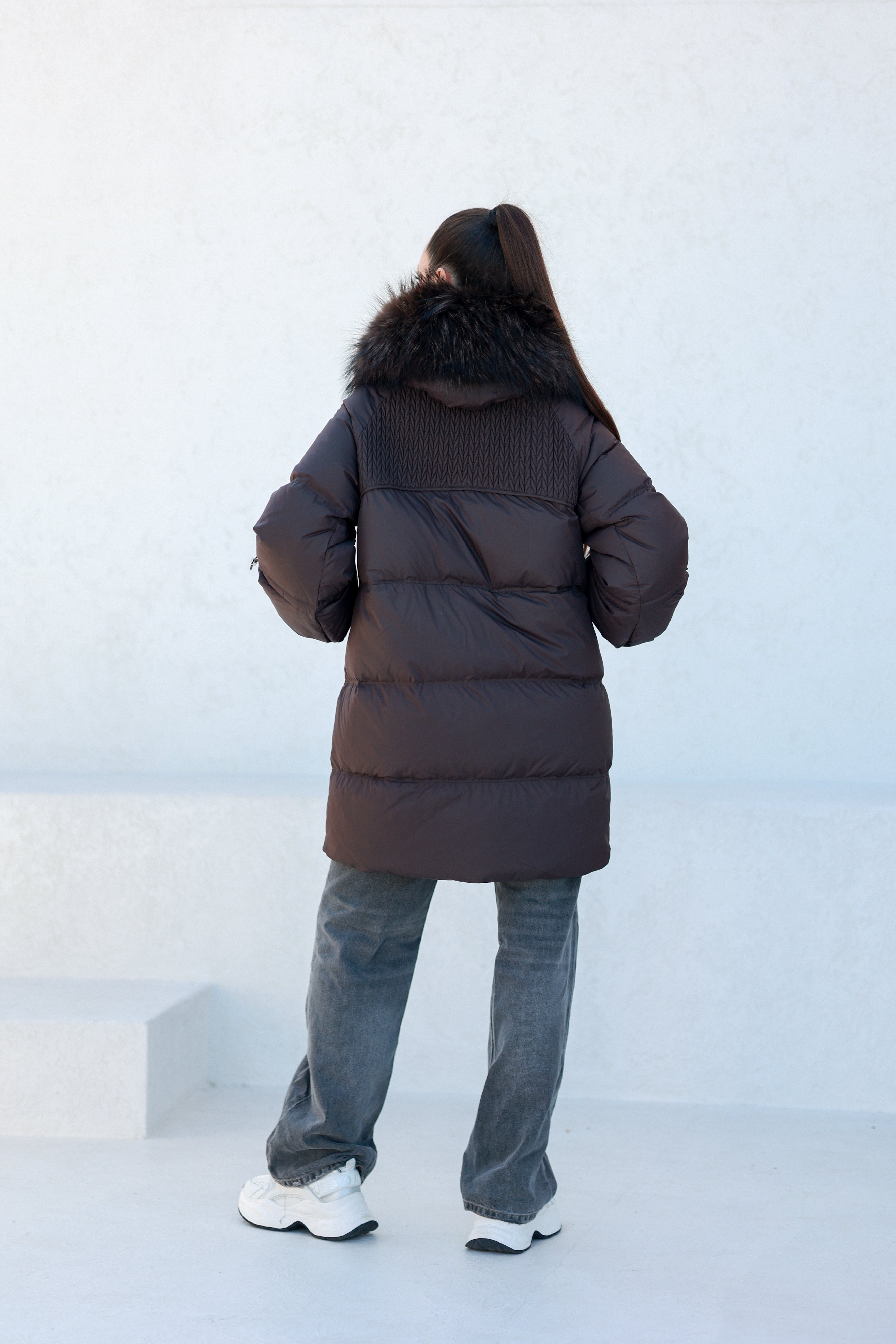 Celeste Genuine Fur Trim Down Fill Coat in Fig