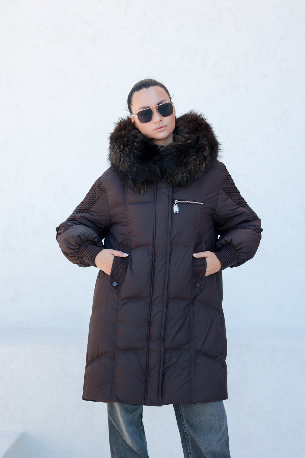 Dakota Genuine Fur Trim Down Fill Coat in Chocolate