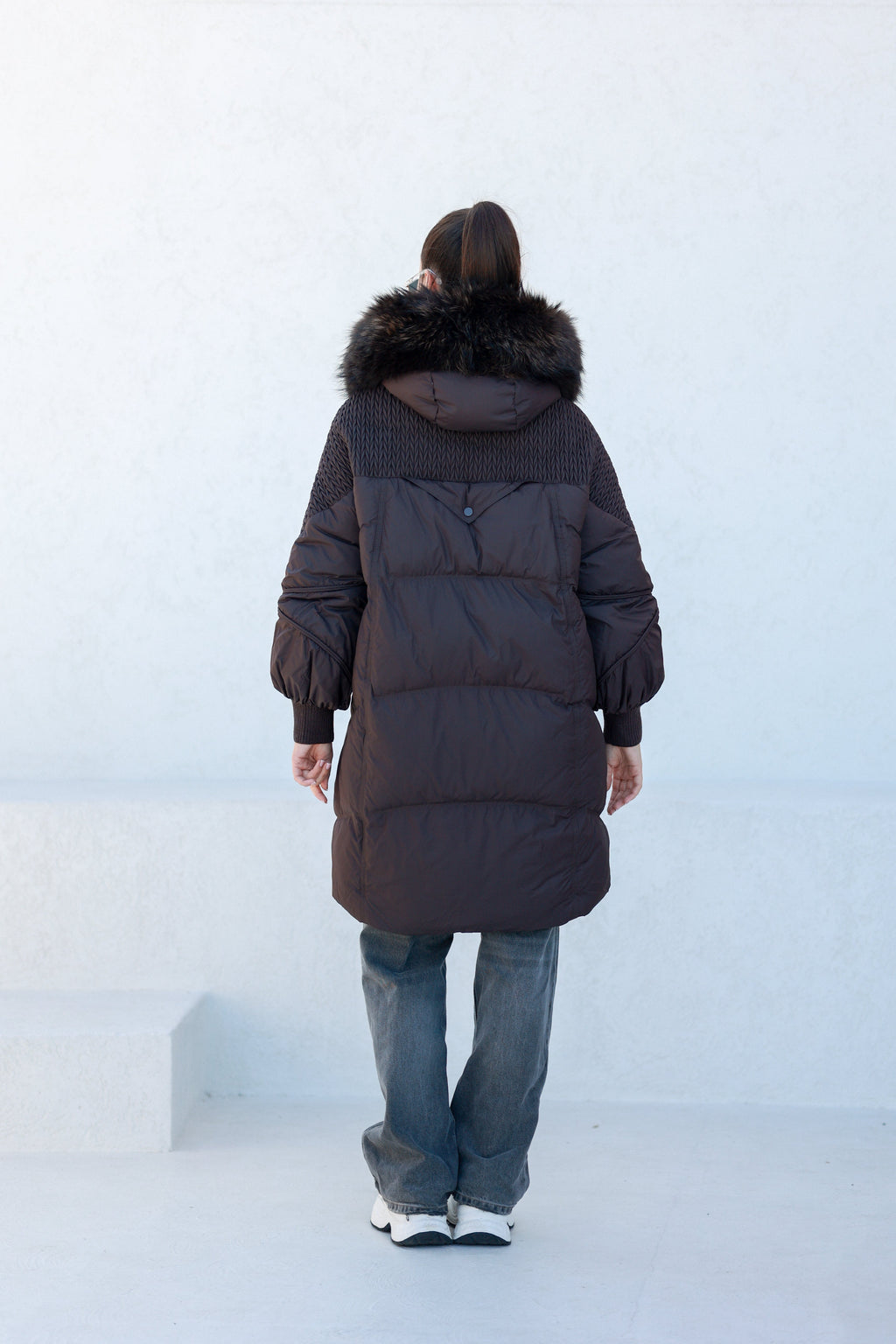 Dakota Genuine Fur Trim Down Fill Coat in Chocolate