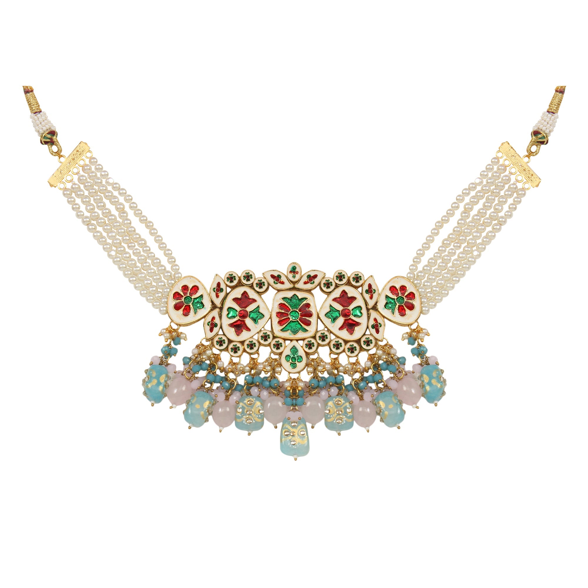 Tanjore Beaded Kundan Pastel Blue and Pink Necklace with Earrings