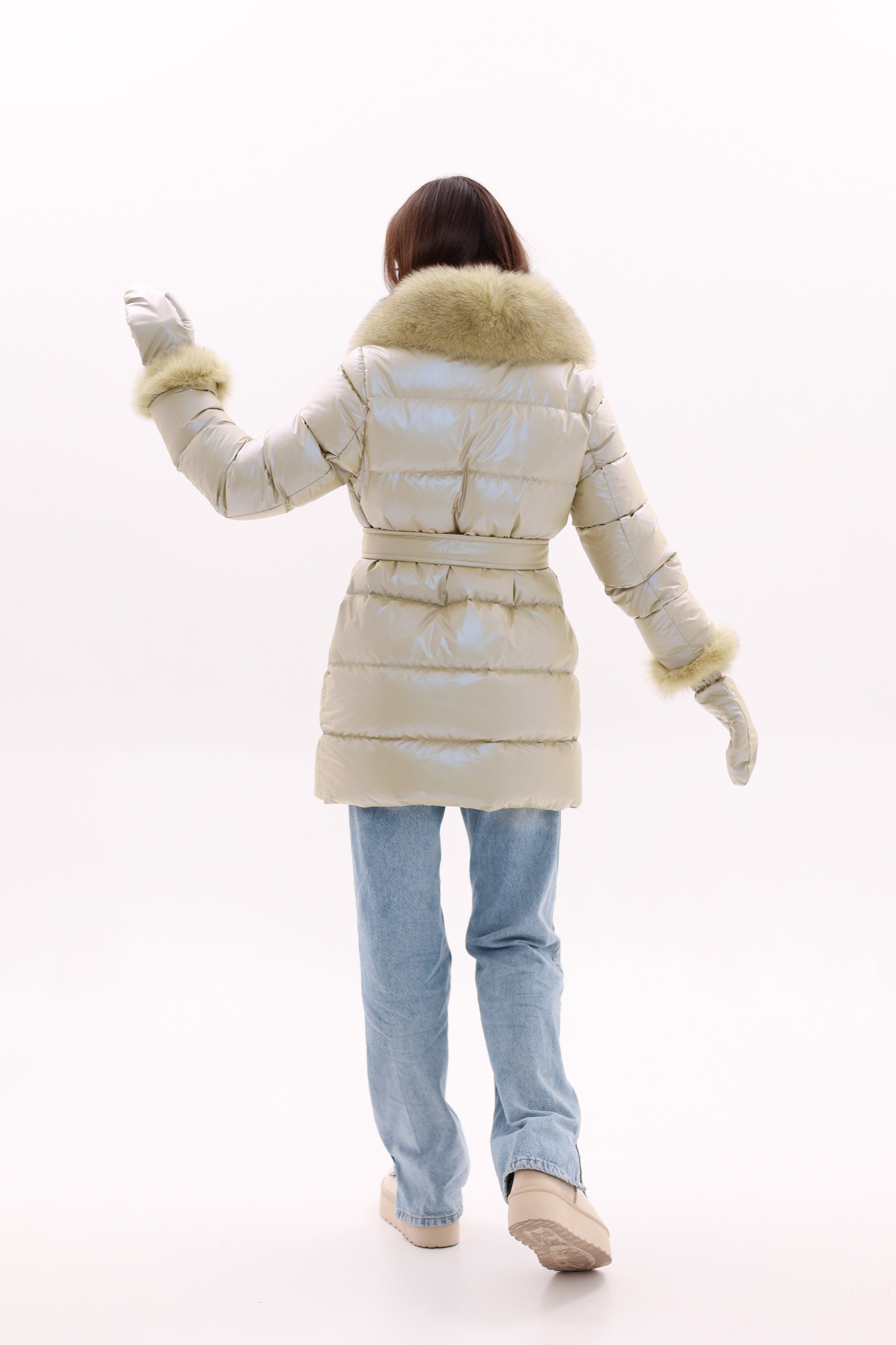Genuine Fox Fur Down Coat with Fur Trim Mittens