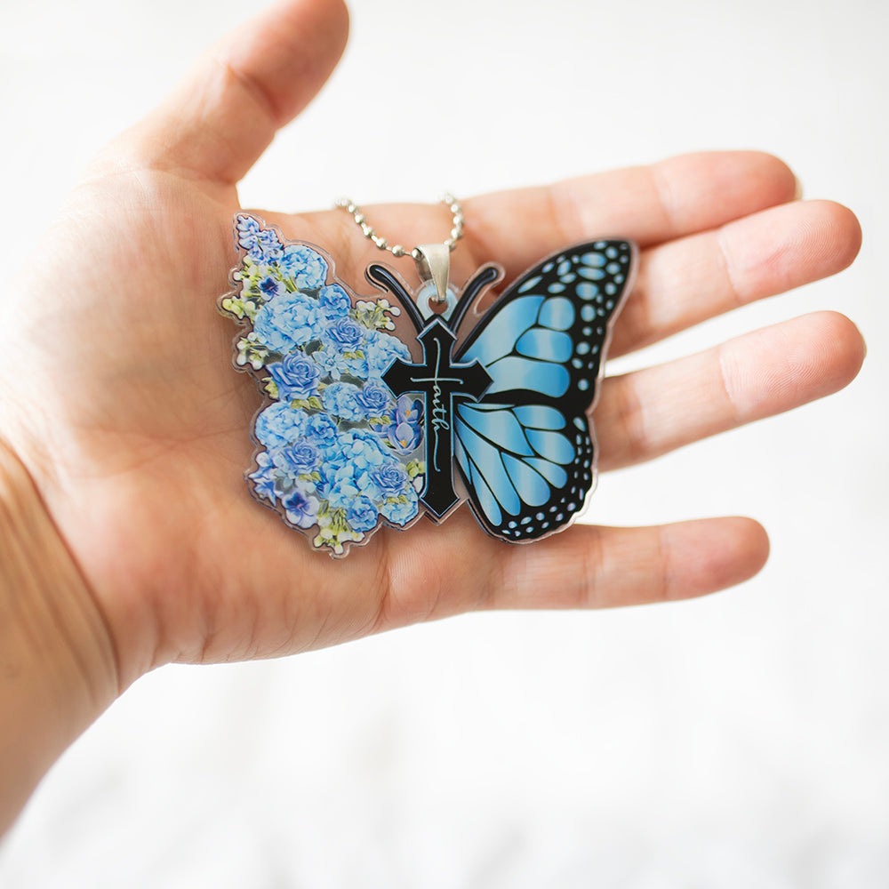 Faith Butterfly Key Chain, Rearview Mirror Ornament - Blue