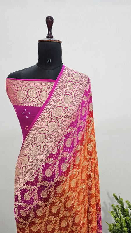 Banarasi Pure Handloom Khaddi Georgette Double Shade Bandhani Silk Saree