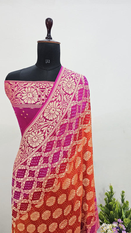 Banarasi Pure Handloom Khaddi Georgette Double Shade Bandhani Silk Saree
