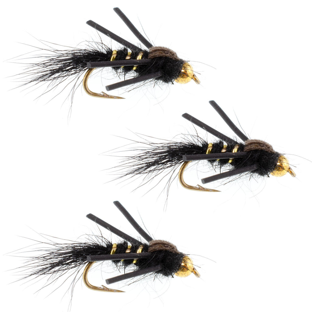3 Pack Tungsten Bead Head Rubber Legs Black Gold-Ribbed Hare's Ear Trout Fly Nymph - Hook Size 16