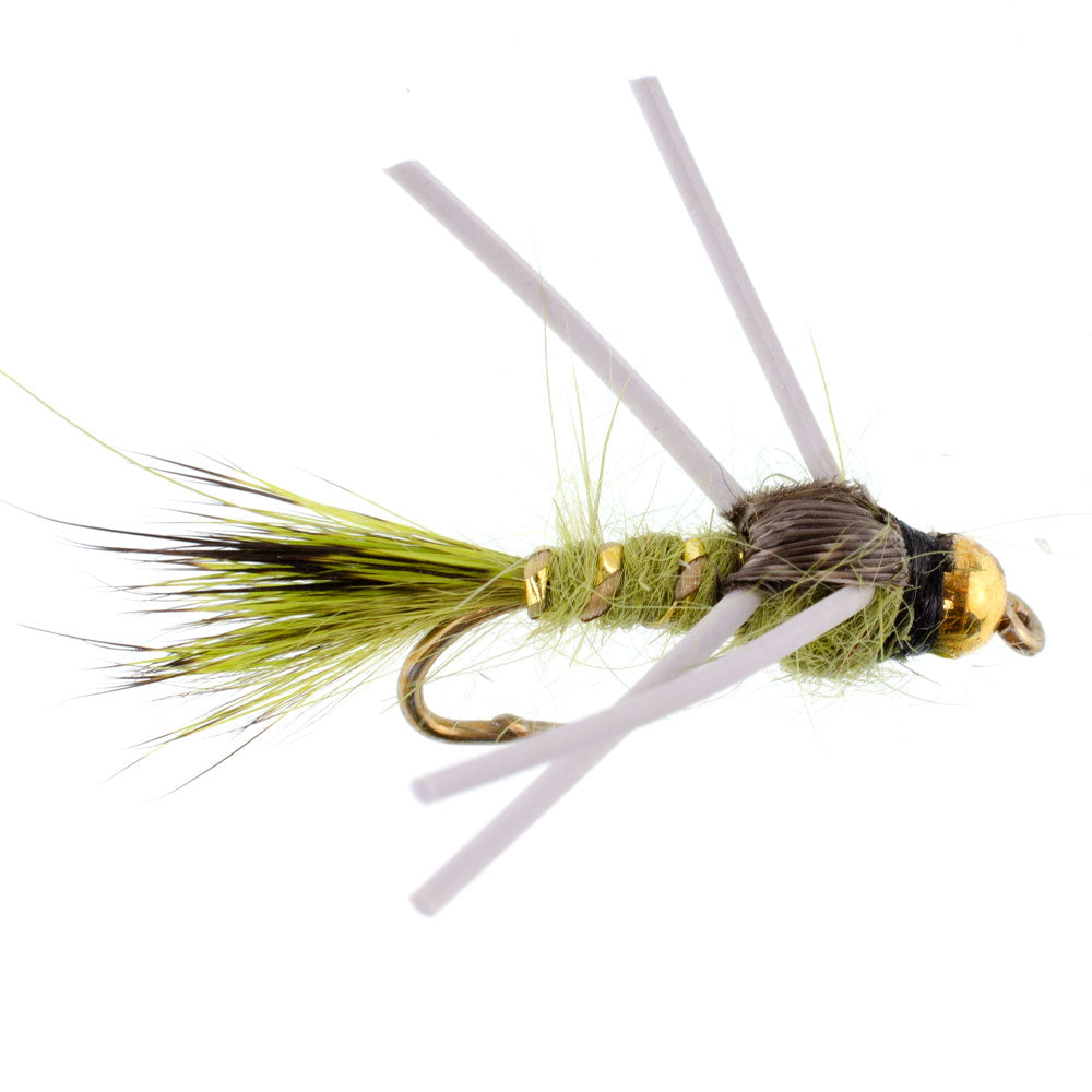3 Pack Tungsten Bead Head Rubber Legs Olive Gold-Ribbed Hare's Ear Trout Fly Nymph - Hook Size 16