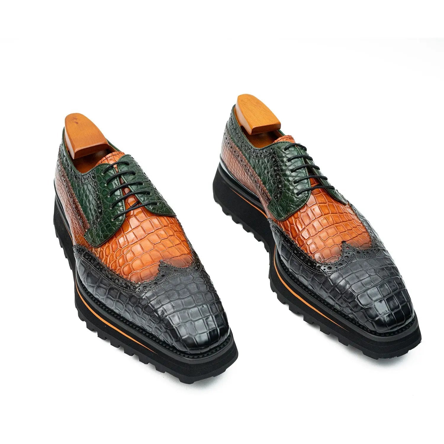 Genuine Crocodile Leather Handmade Grey Brown Brogue Shoes