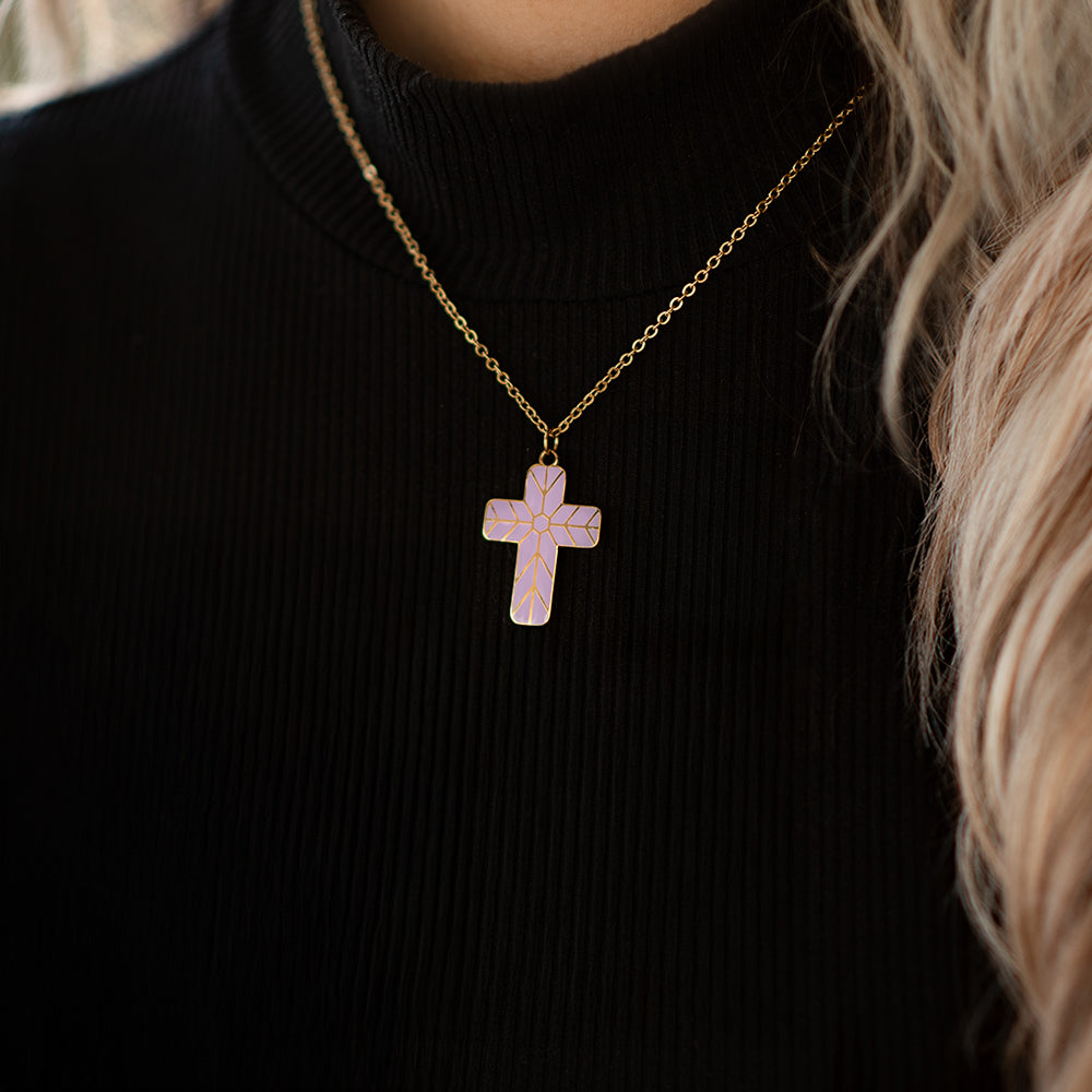 Geometric Enamel Cross Necklace - Lilac