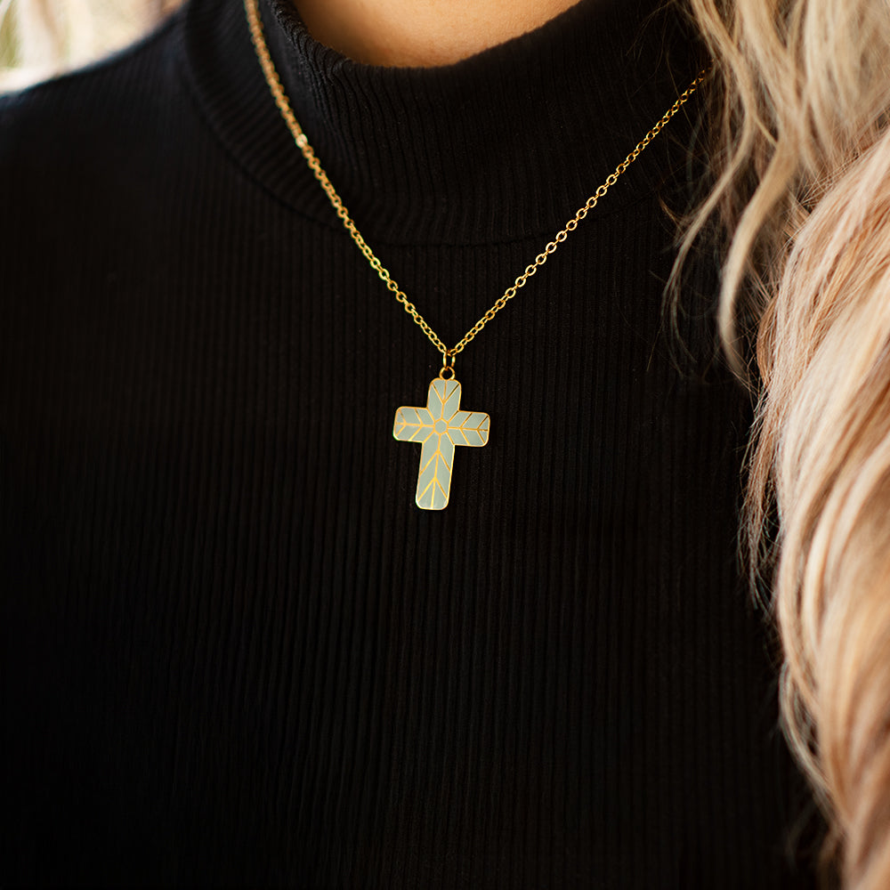 Geometric Enamel Cross Necklace - Sage